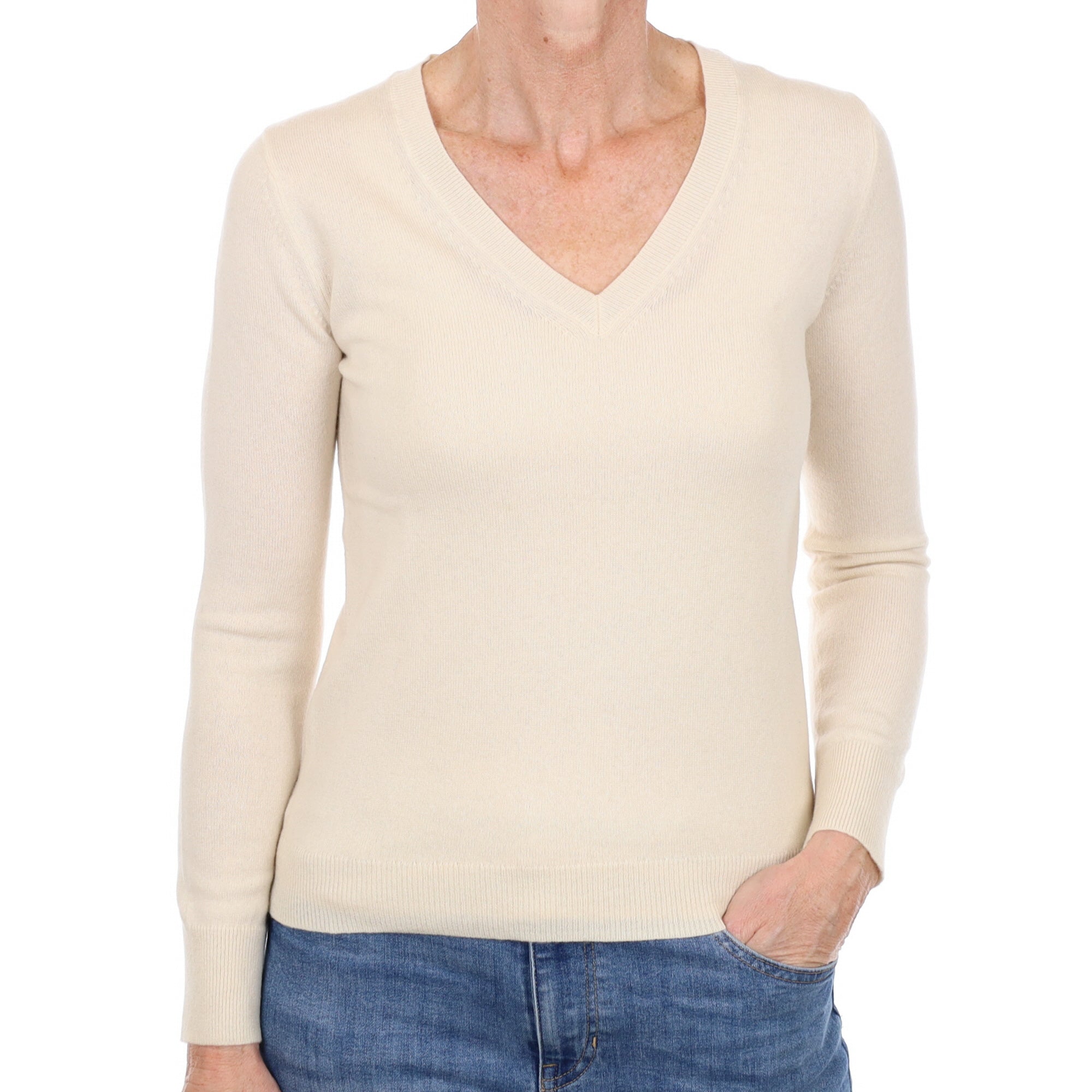 Vanilla Cream Cashmere V Neck Jumper Small