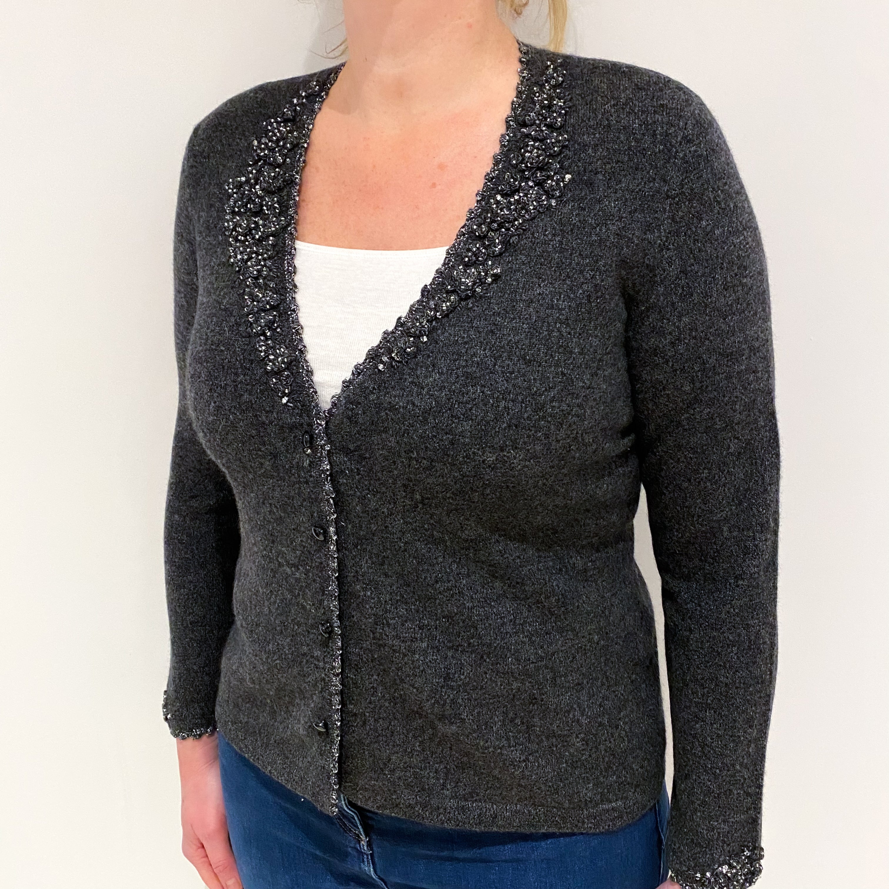 Charcoal Grey Embellished Cashmere V Neck Cardigan Large