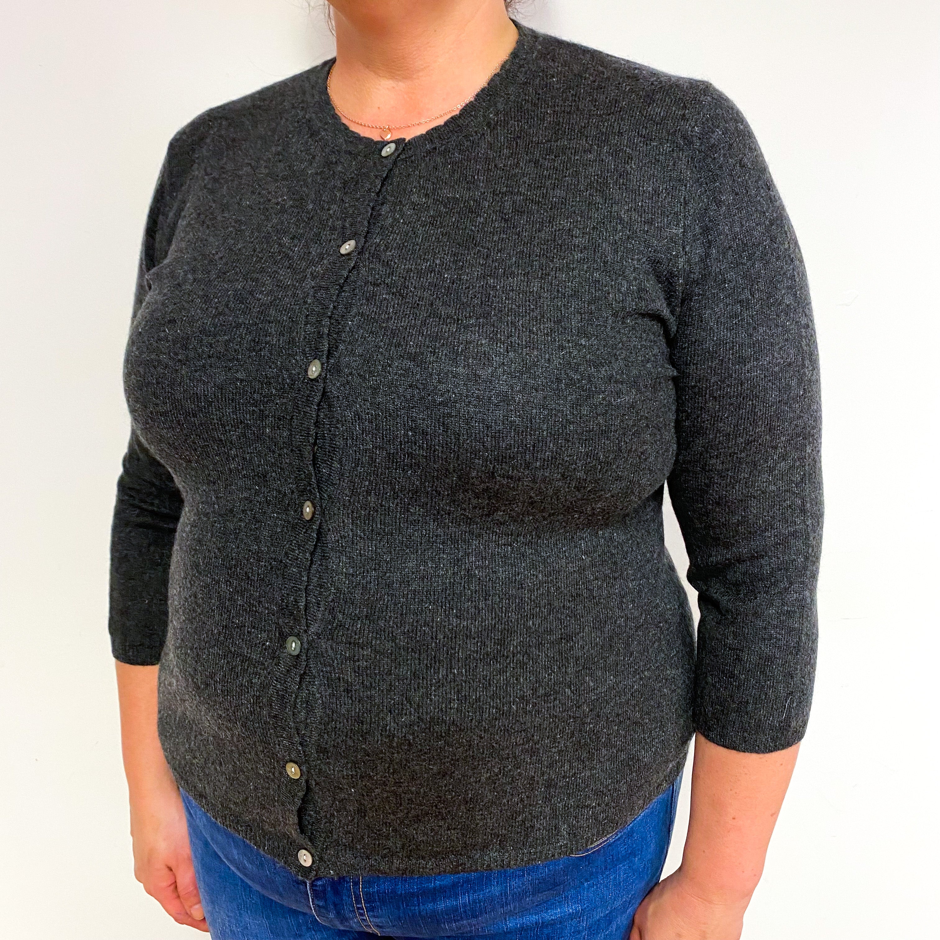 Slate Grey 3/4 Sleeve Cashmere Crew Neck Cardigan Extra Large