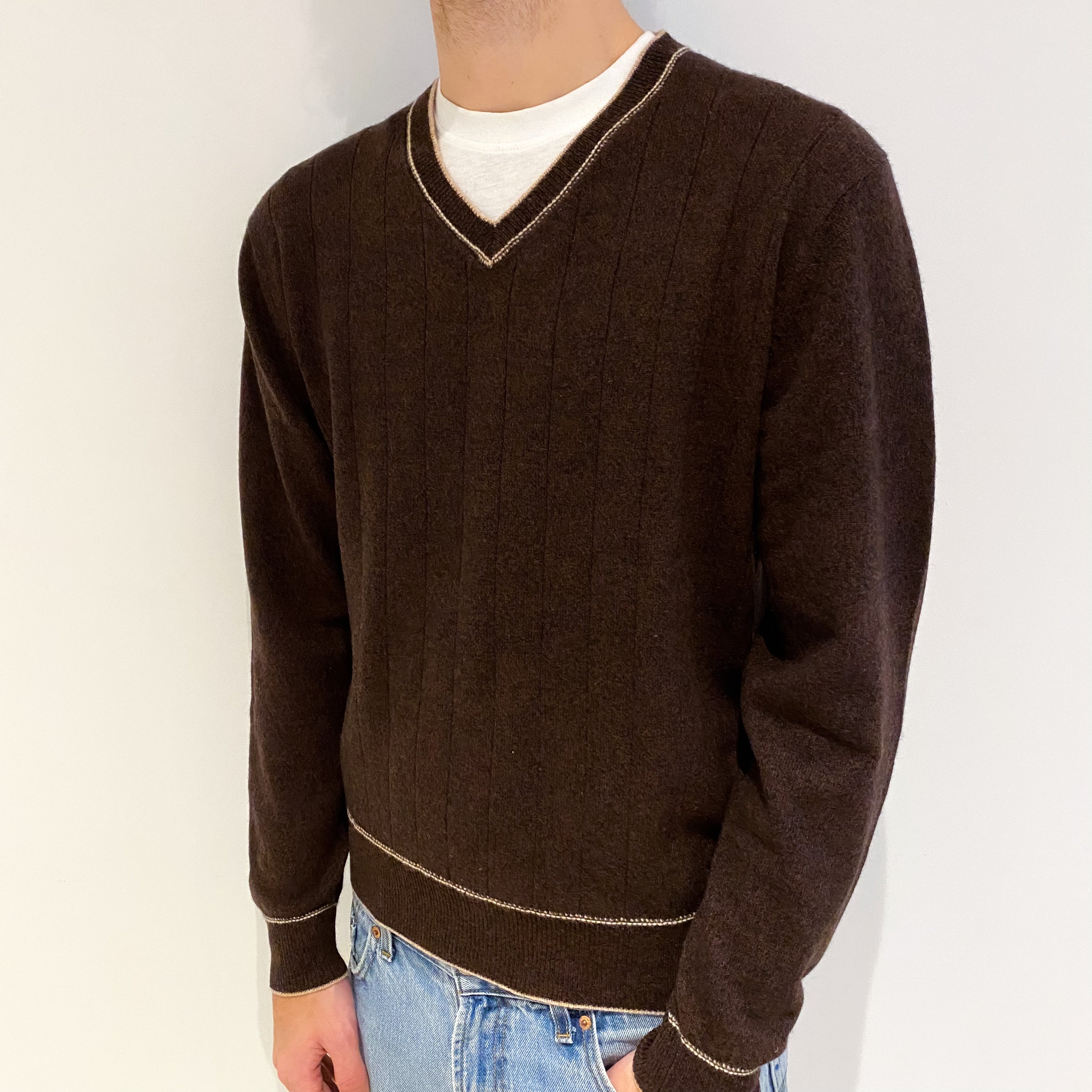 Men's Chocolate Brown Cashmere V Neck Jumper Large