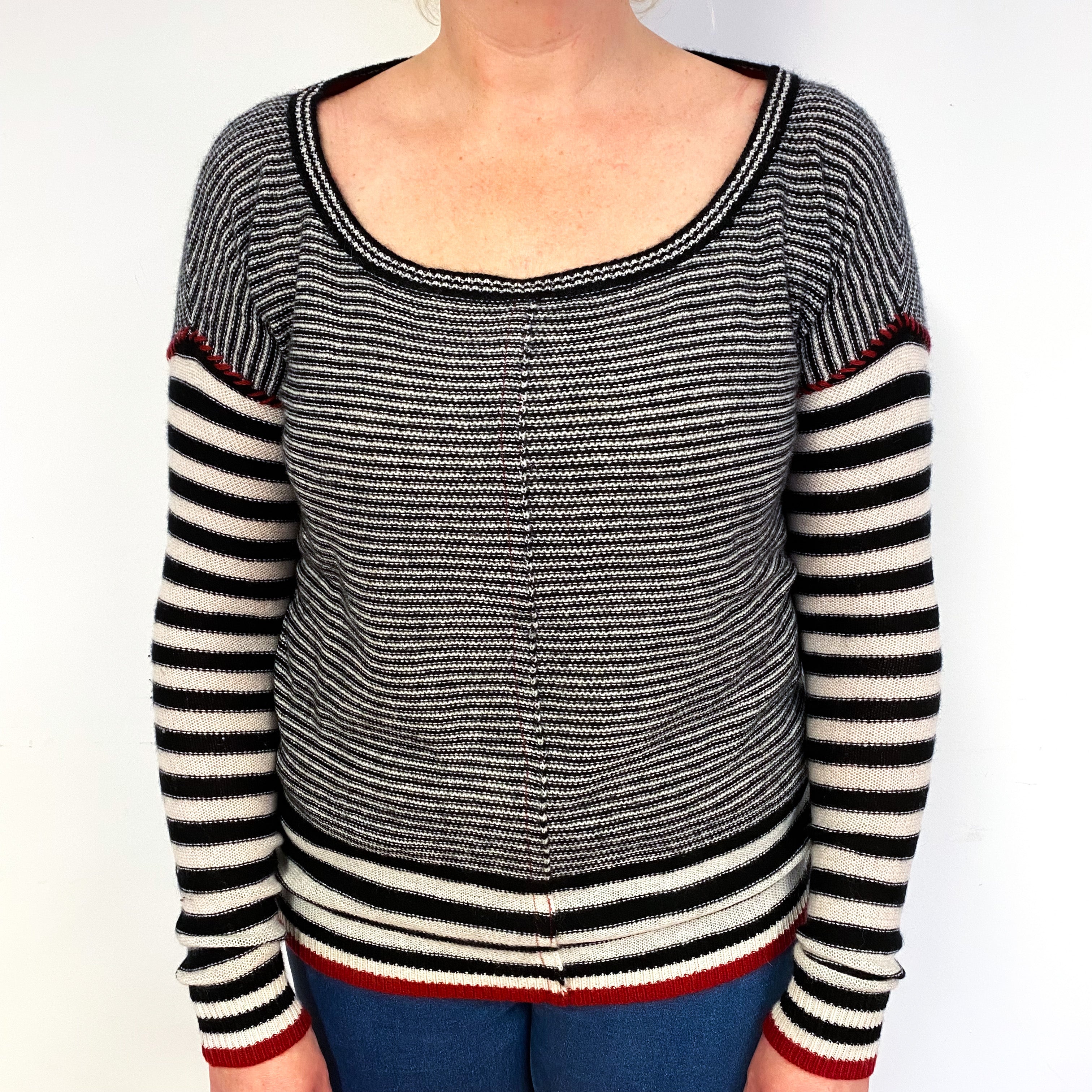 Black Cream Stripe Lightweight Cashmere Crew Neck Jumper Large