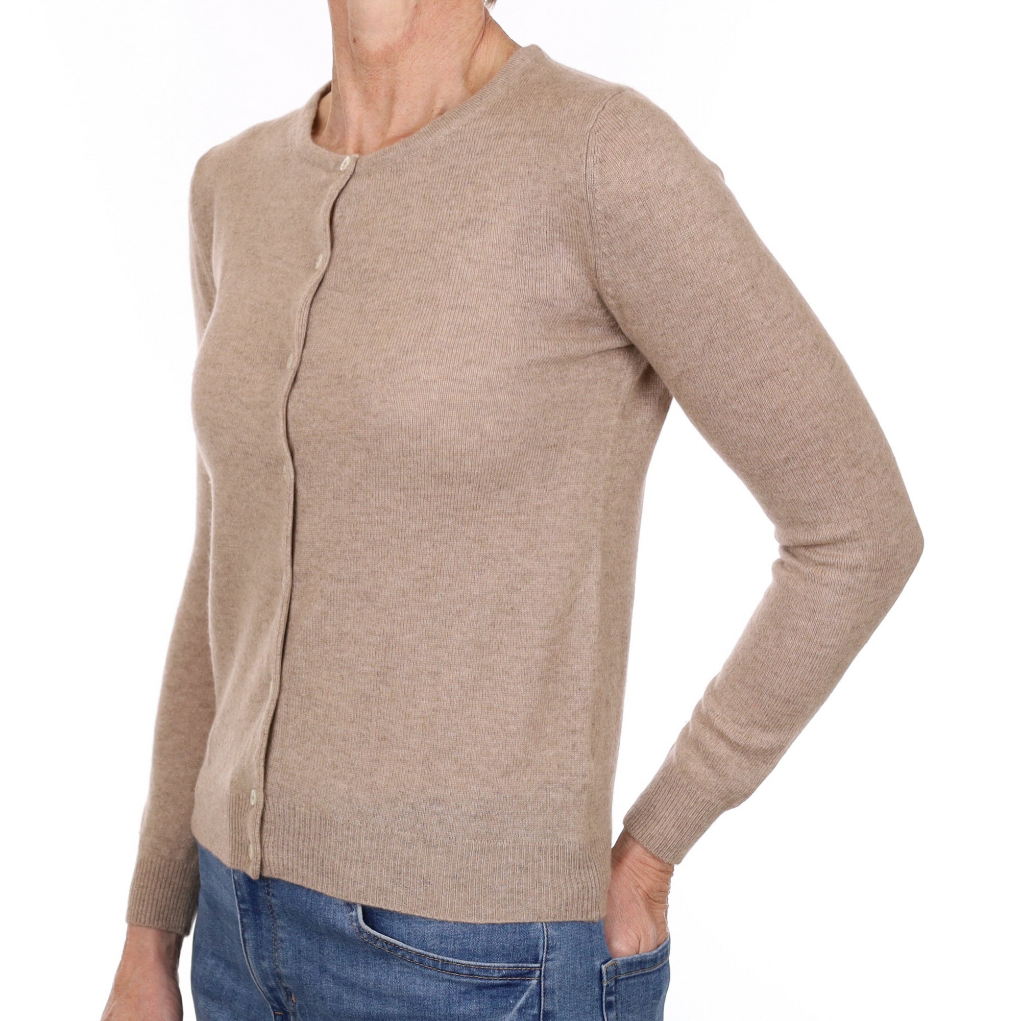 Fawn Brown Cashmere Crew Neck Cardigan Small