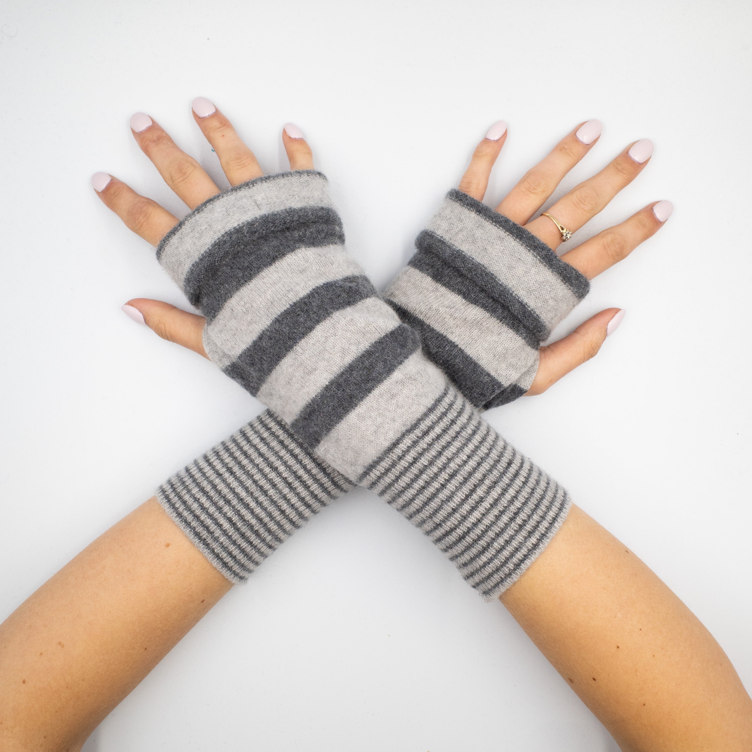 Grey Striped Fingerless Gloves