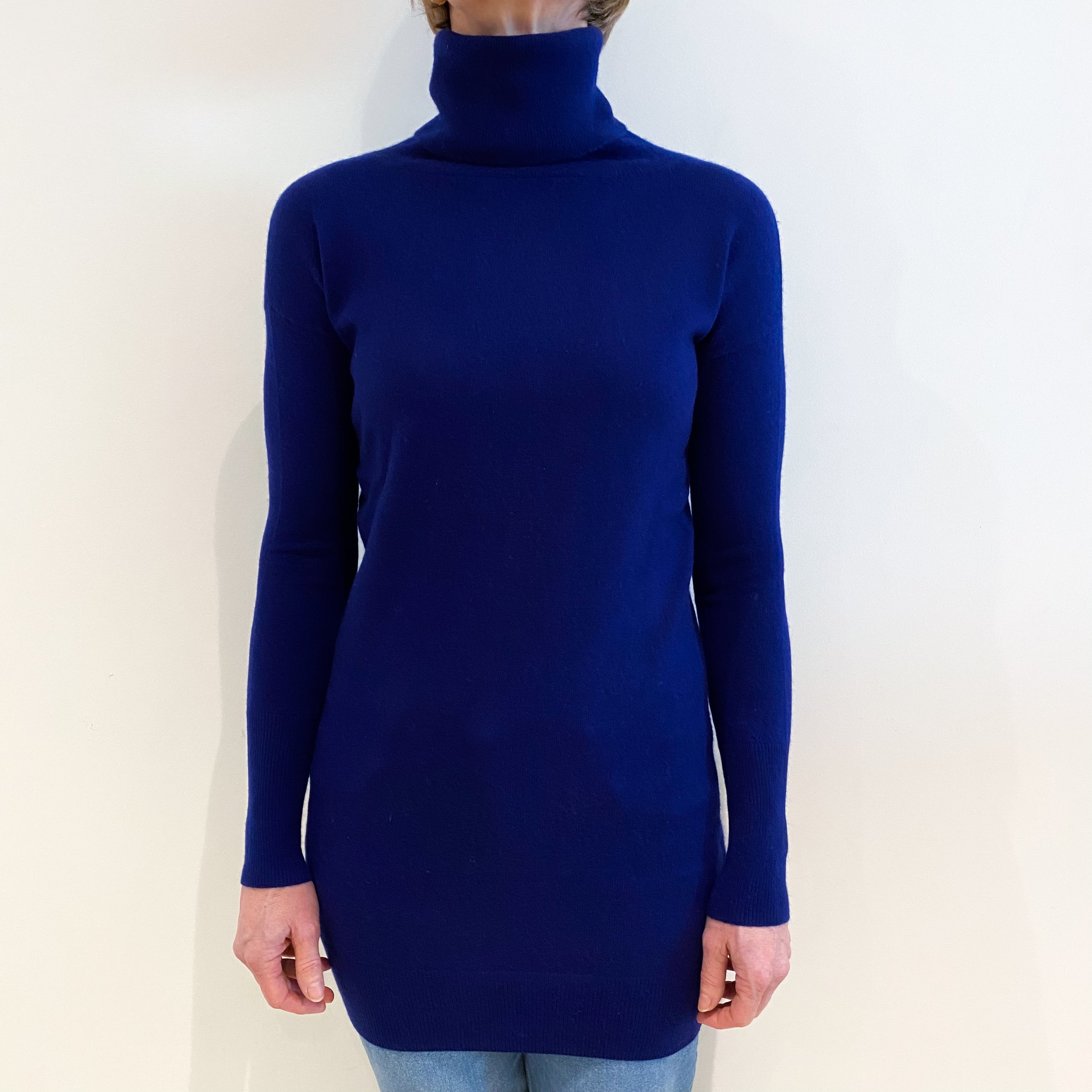 Indigo Blue Longline Cashmere Polo Neck Jumper Small