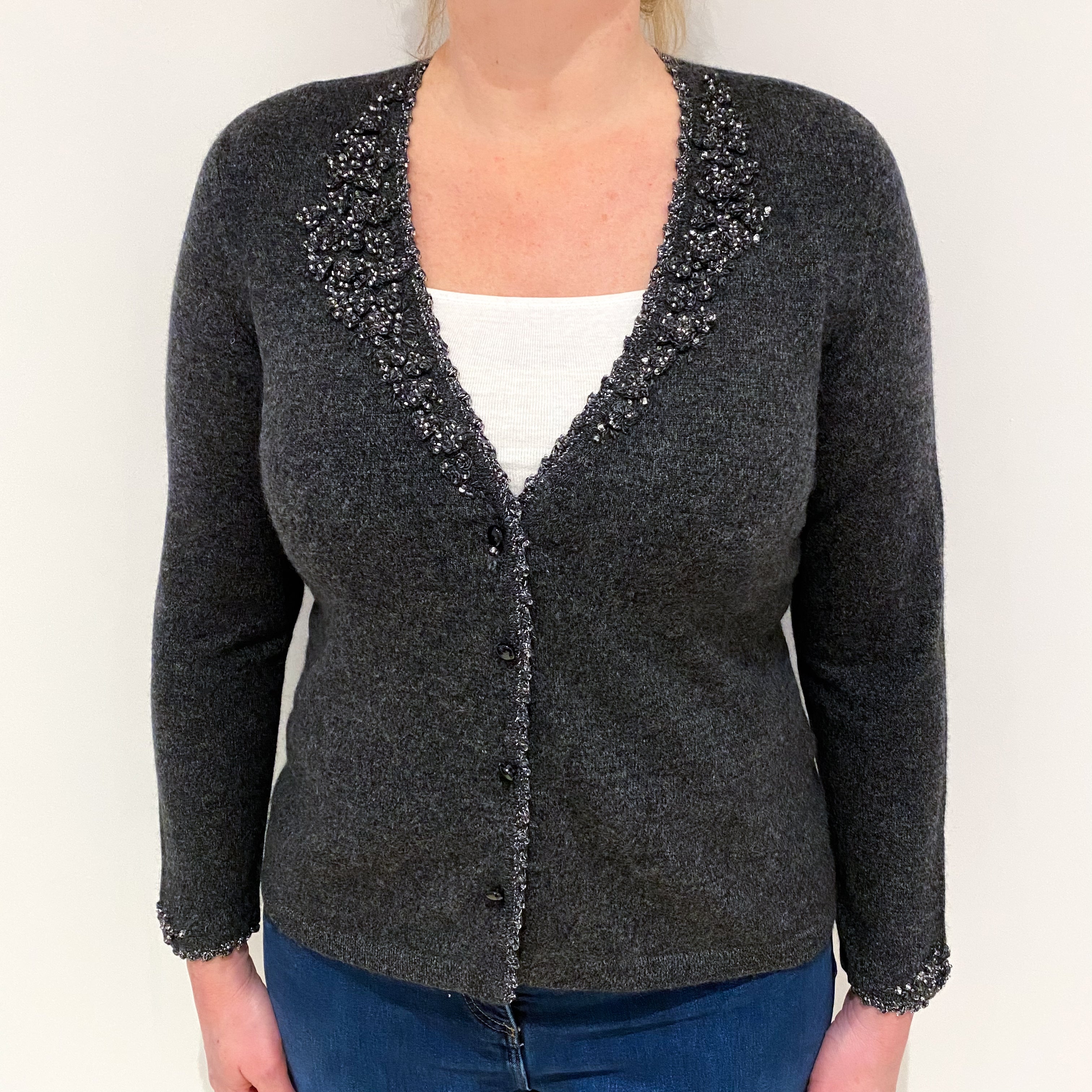 Charcoal Grey Embellished Cashmere V Neck Cardigan Large