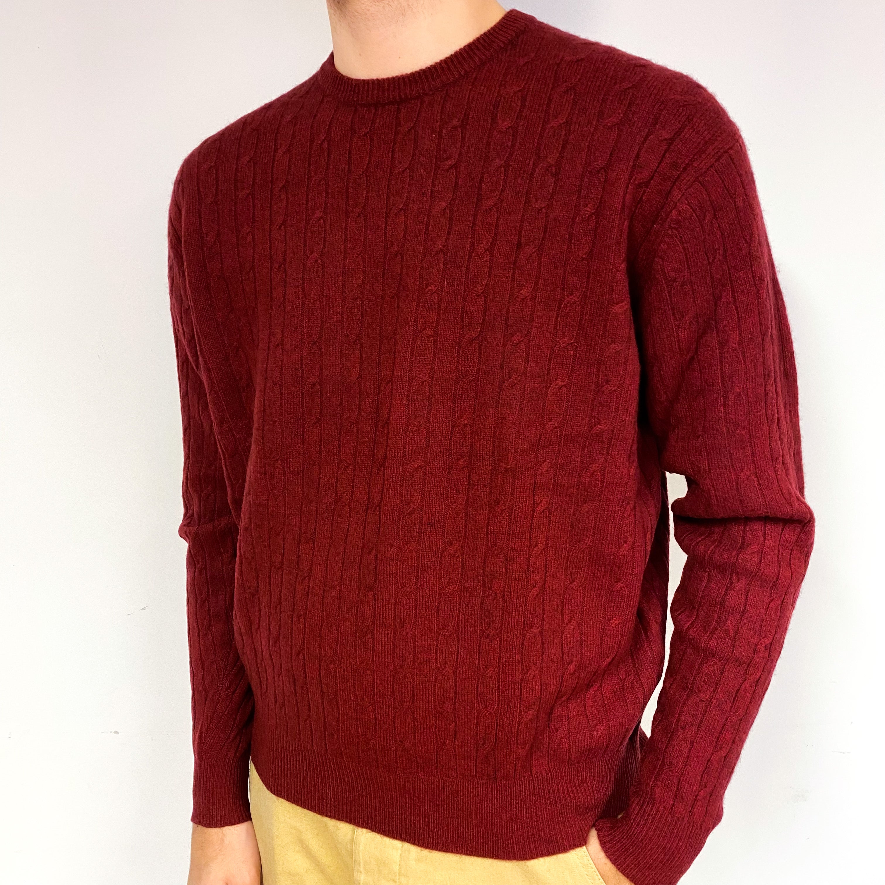 Men's Burgundy Red Cashmere Crew Neck Jumper Large