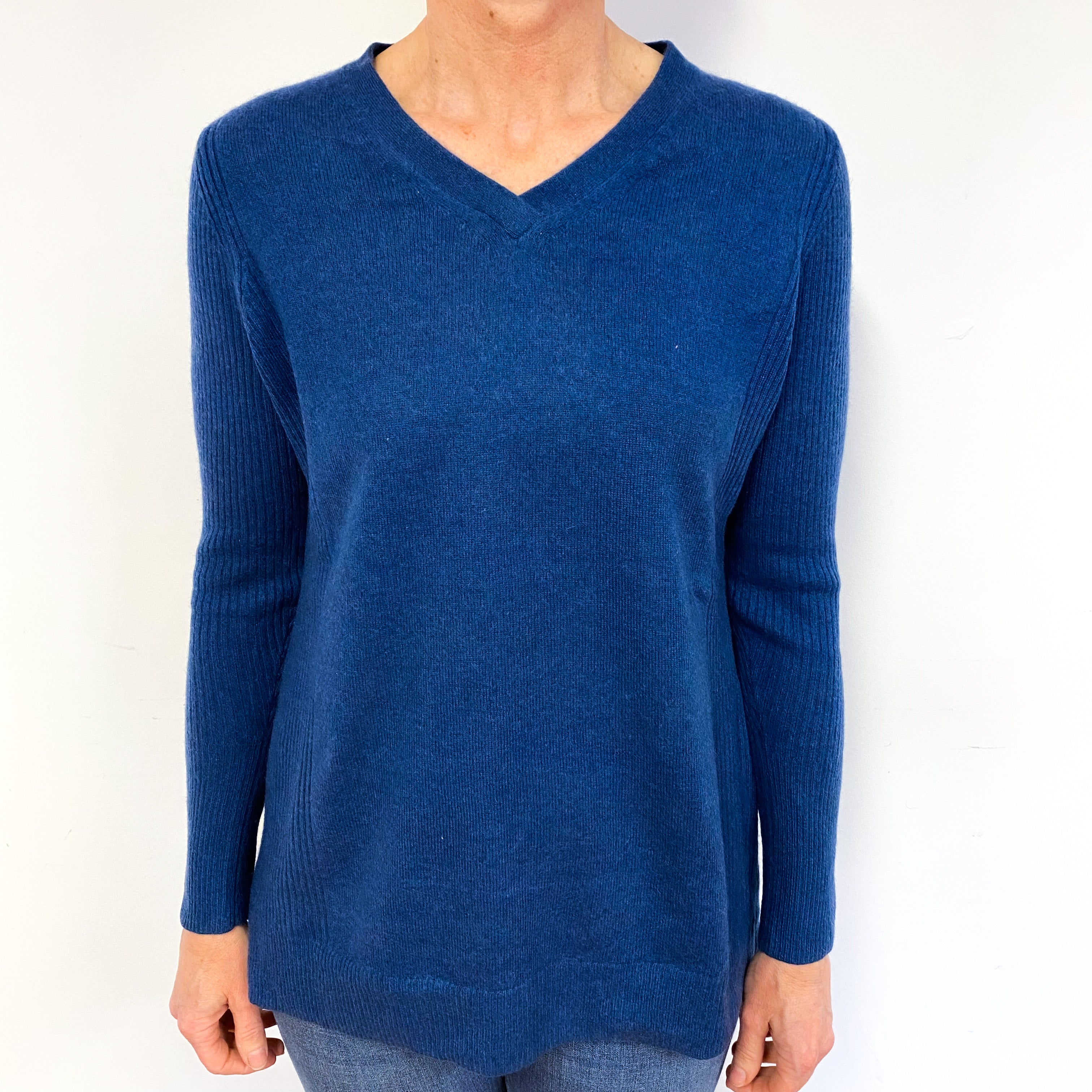 Naval Blue Cashmere V-Neck Jumper Medium