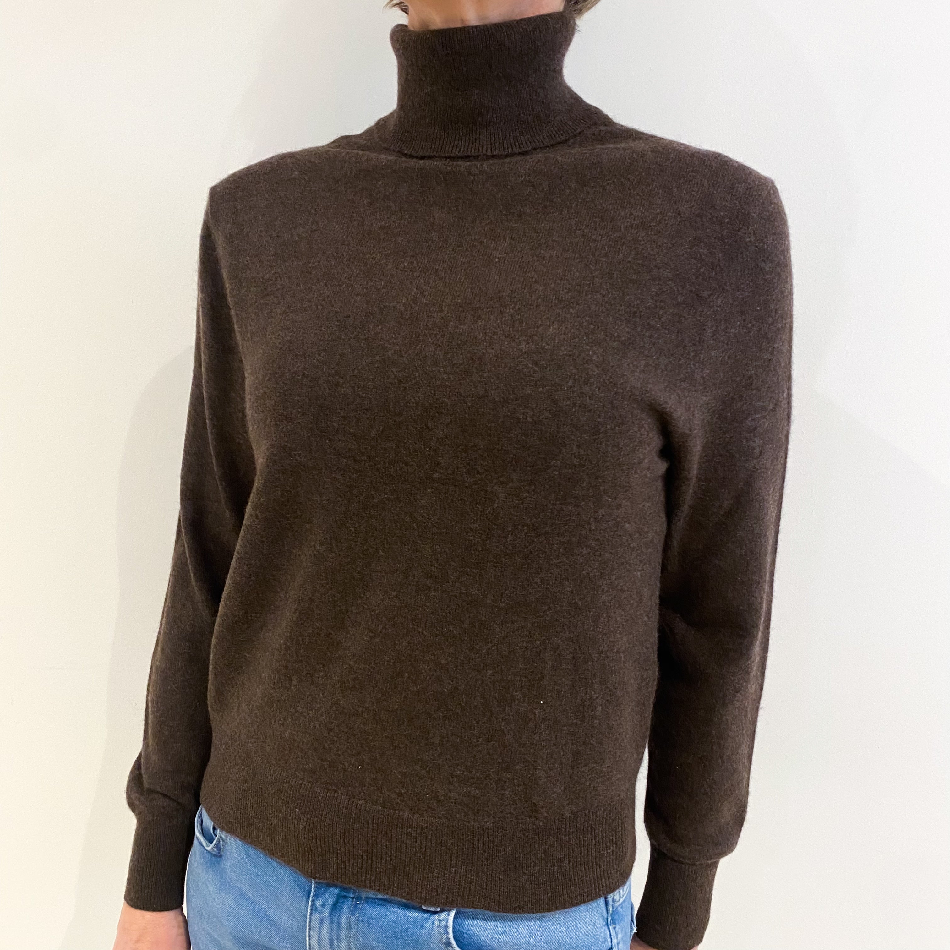 Dark Chocolate Brown Cashmere Polo Neck Jumper Small