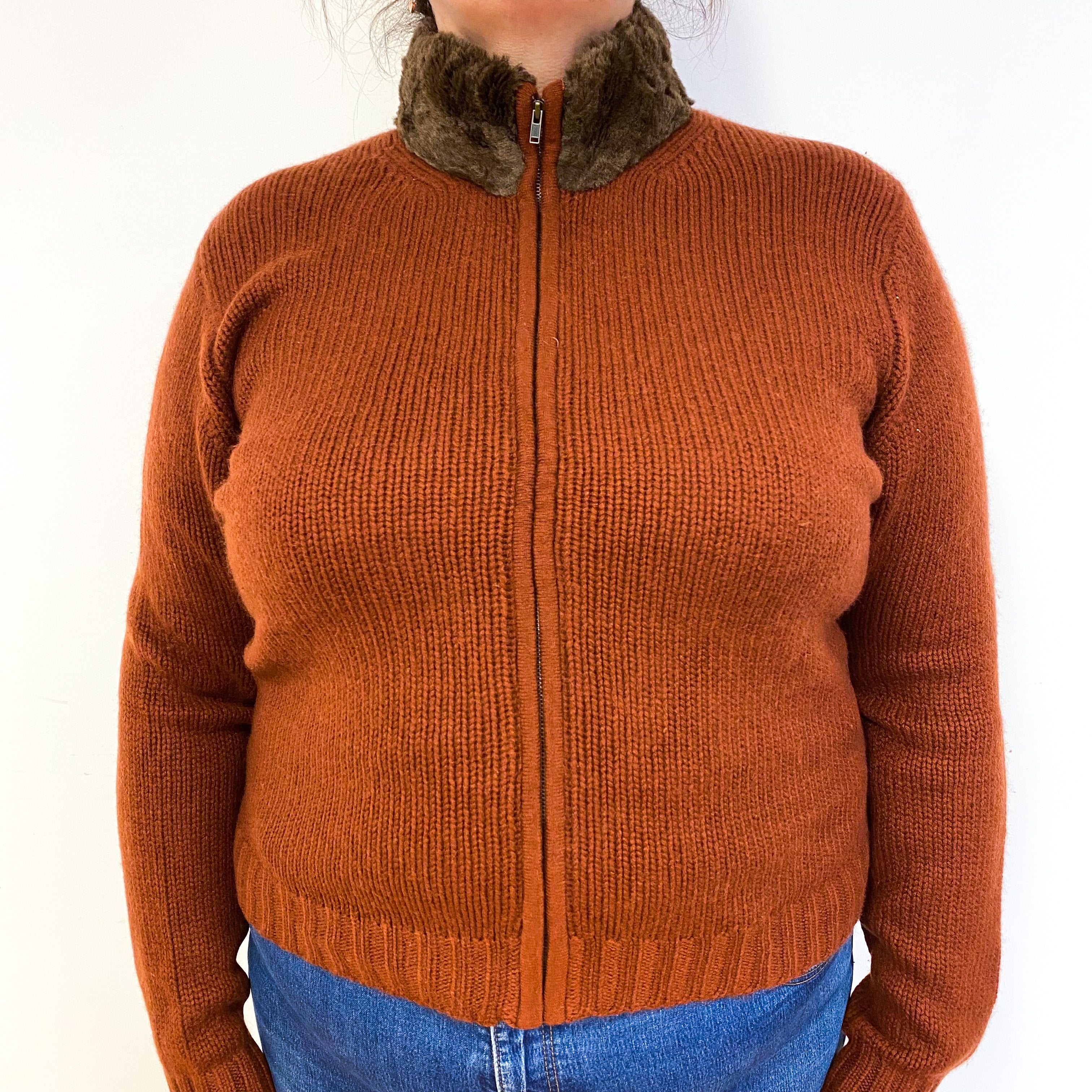 Rust Brown Chunky Cashmere Zip Front Cardigan Extra Large