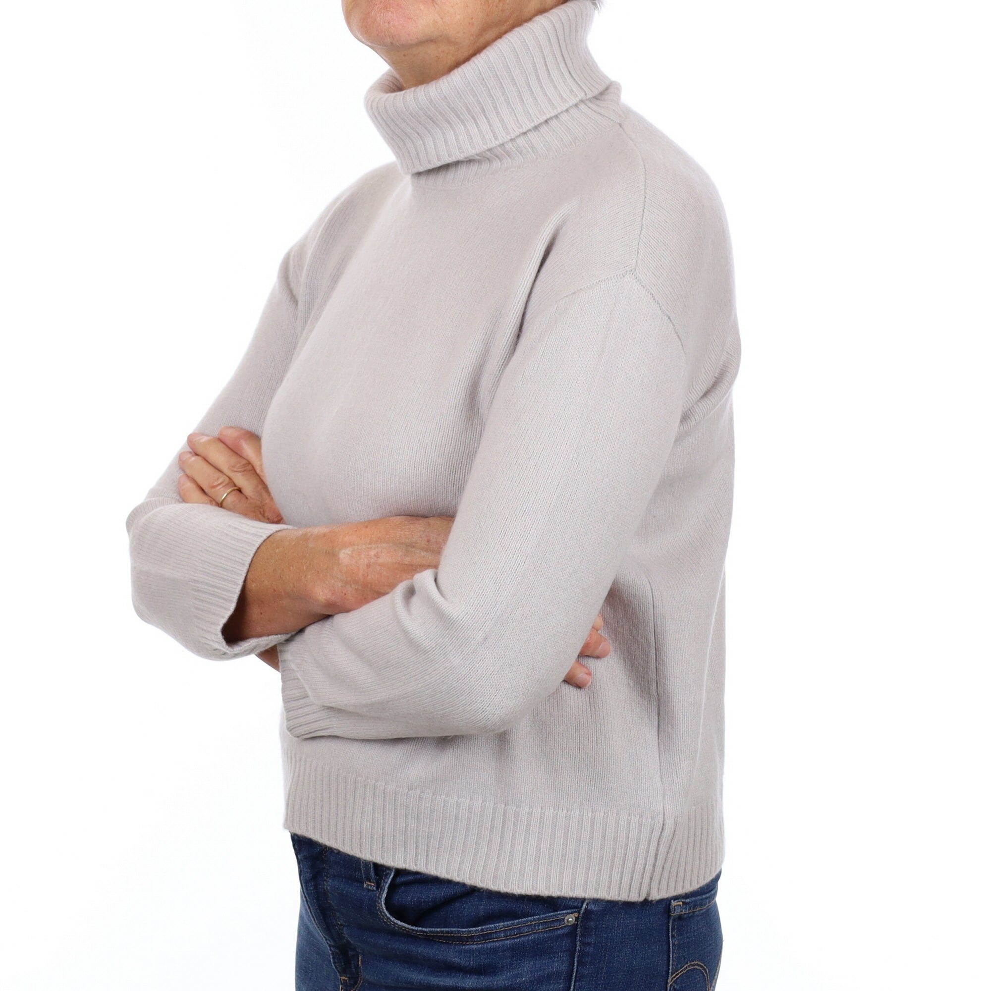 Oyster Grey Cashmere Boxy Polo Neck Jumper Medium