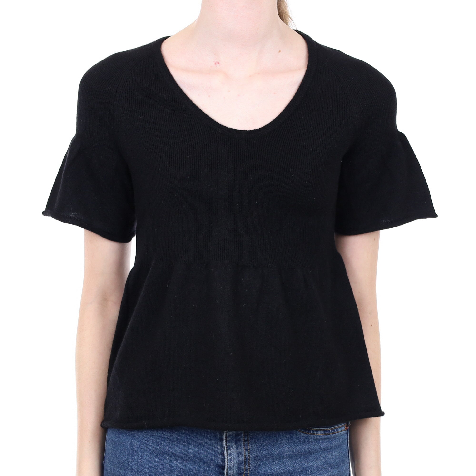 Black Cashmere V Neck Short Sleeved Jumper Extra Small