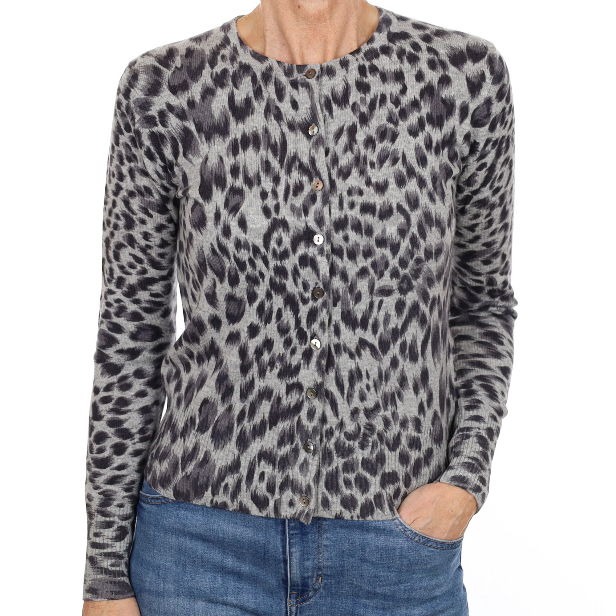 New Grey Animal Print Cashmere Crew Neck Cardigan Small