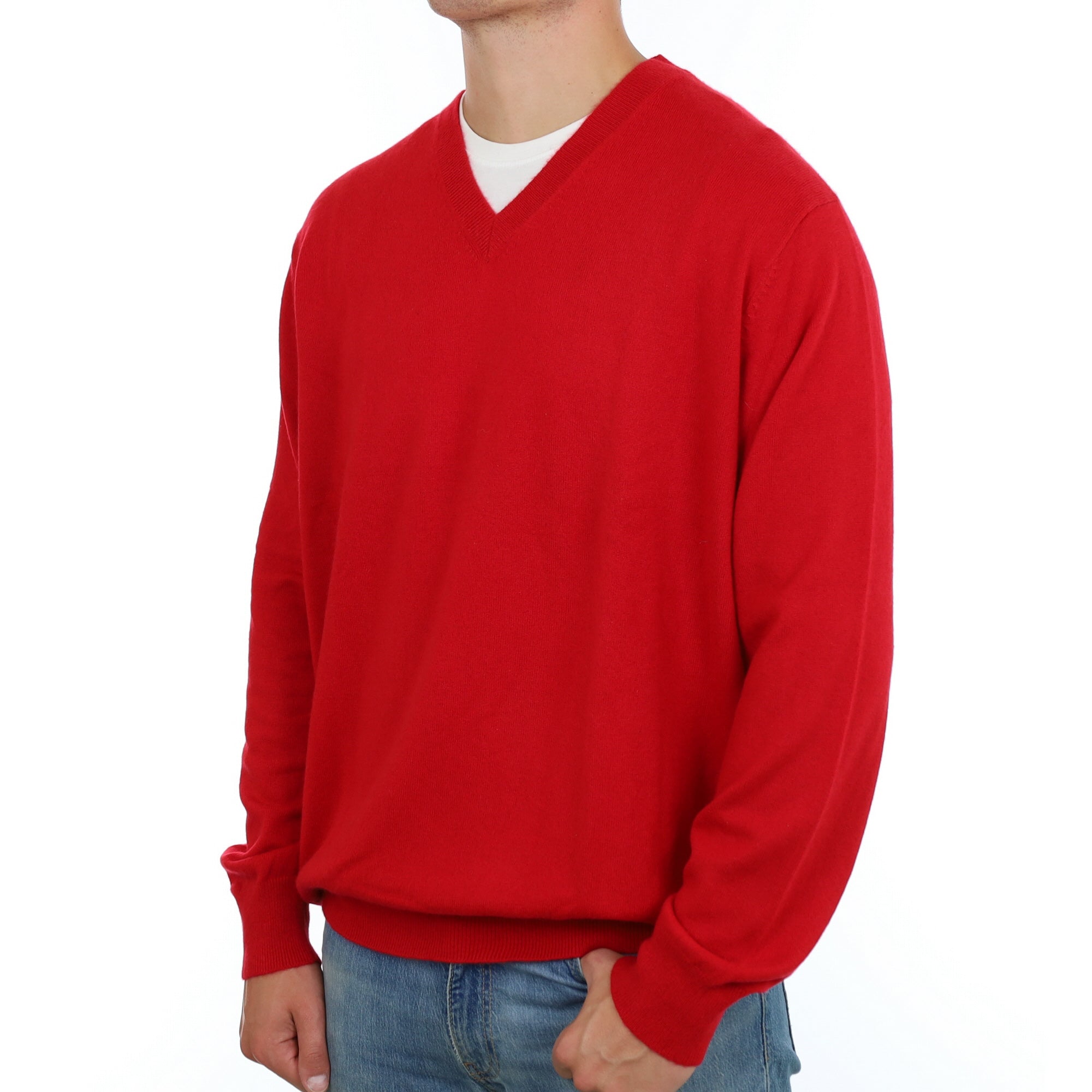 Men's Post Box Red Cashmere V Neck Jumper XXL