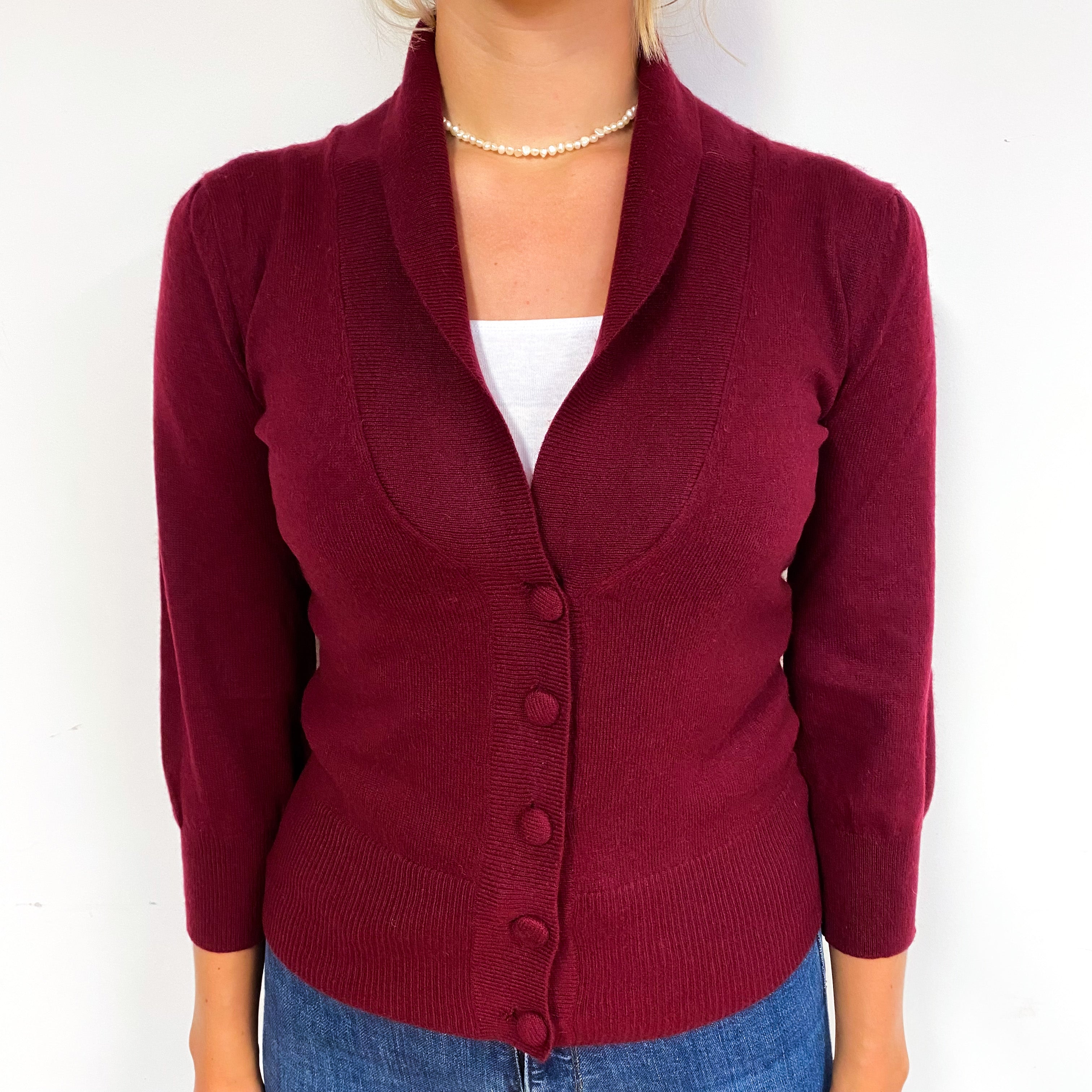 Garnet Red 3/4 Sleeve Cashmere Shawl Collar Cardigan Small