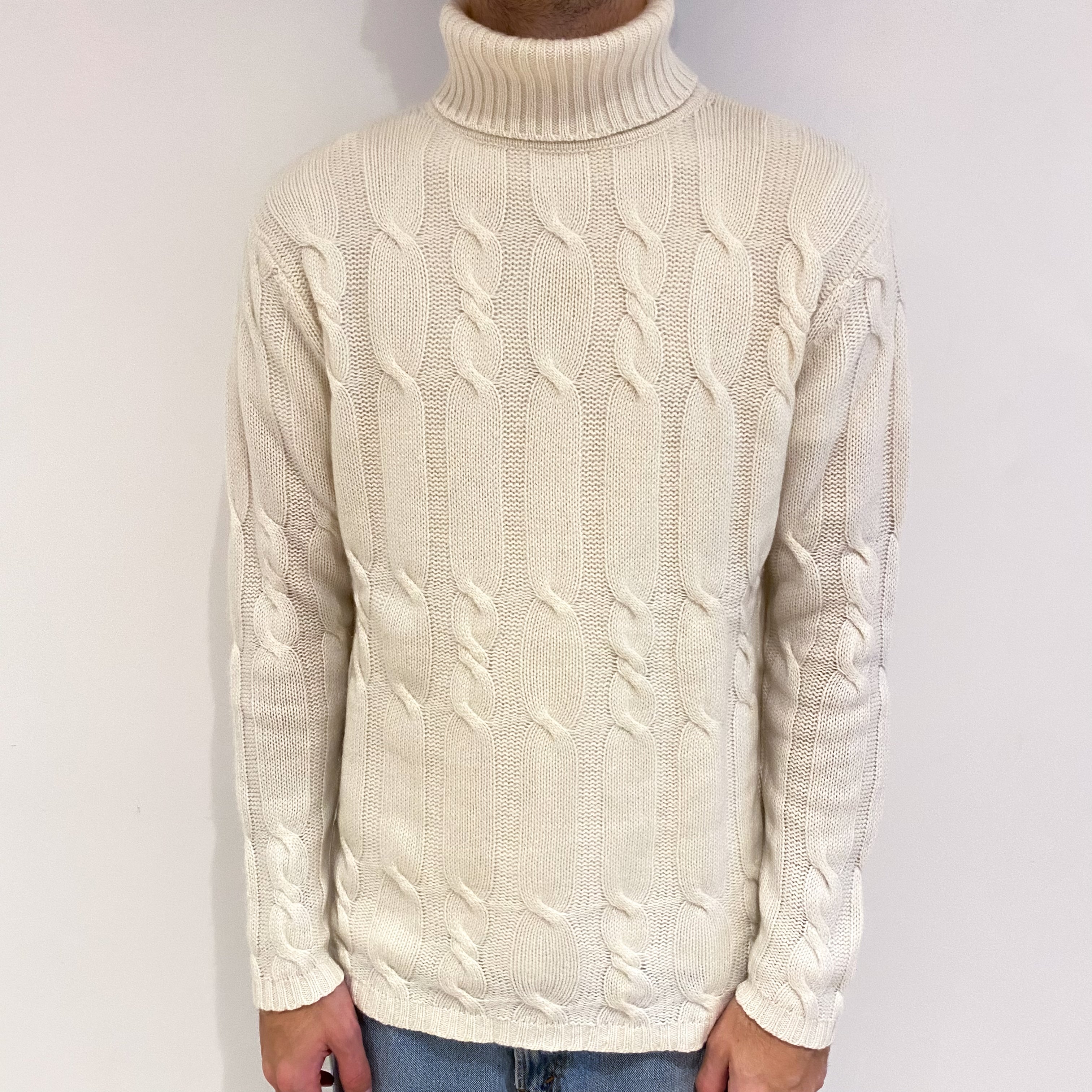 Men's Yorn Cream Cashmere Polo Neck Jumper Large