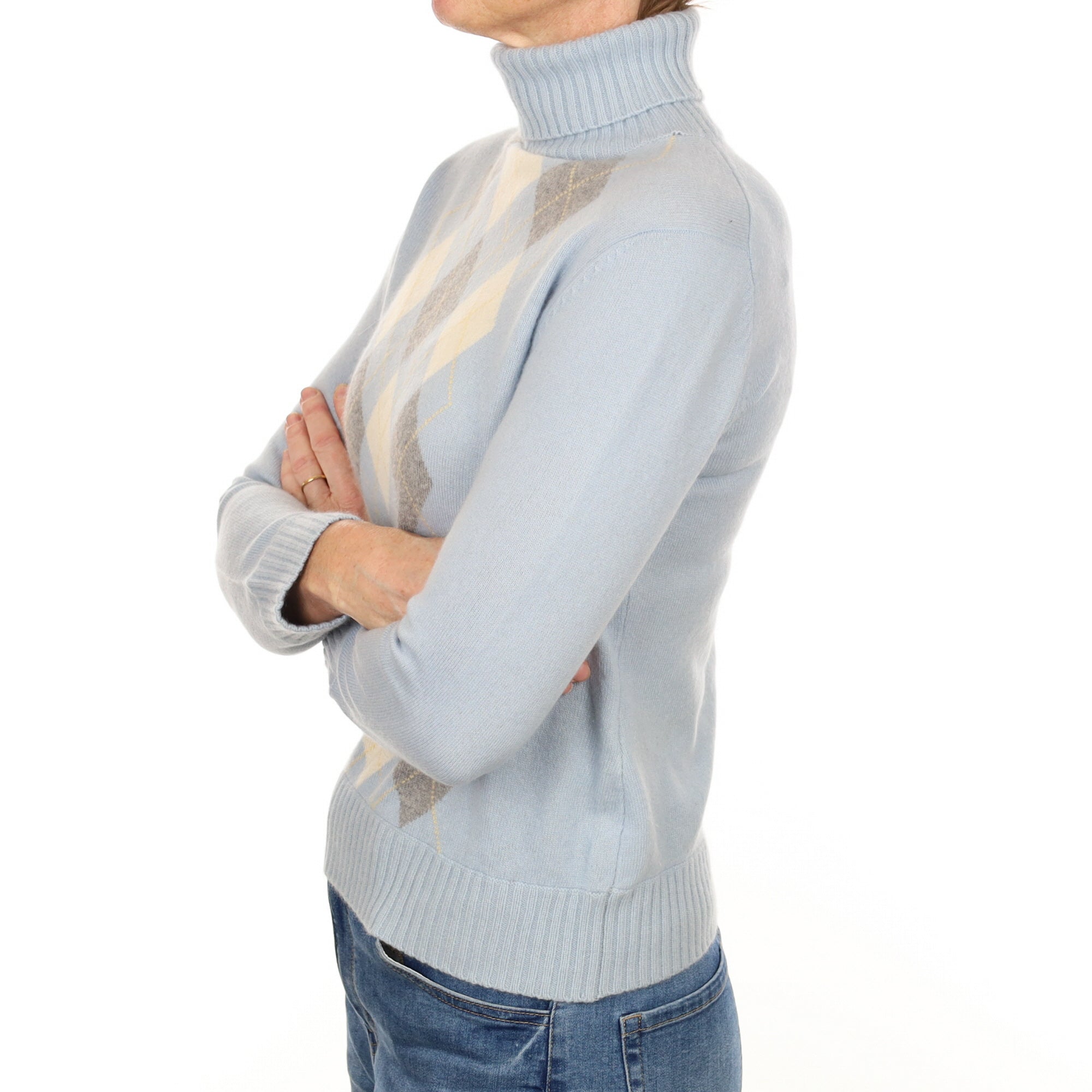Pale Blue Argyle Cashmere Polo Neck Jumper Small