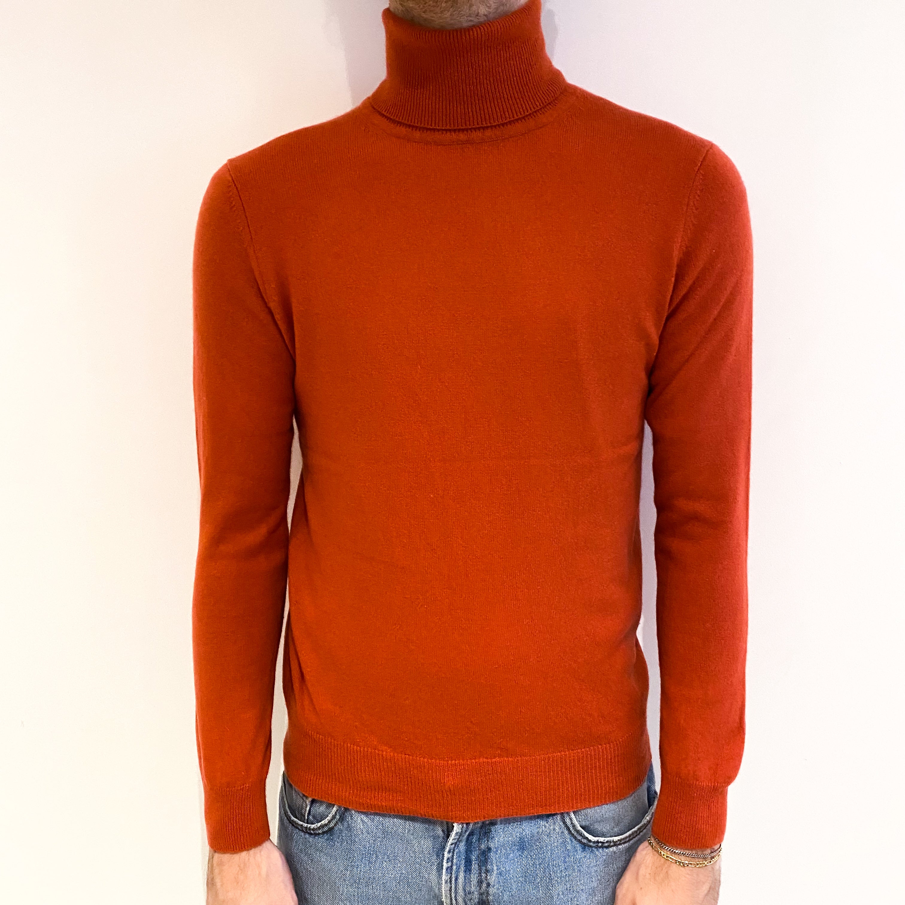 Men's Tomato Red Cashmere Polo Neck Jumper Medium