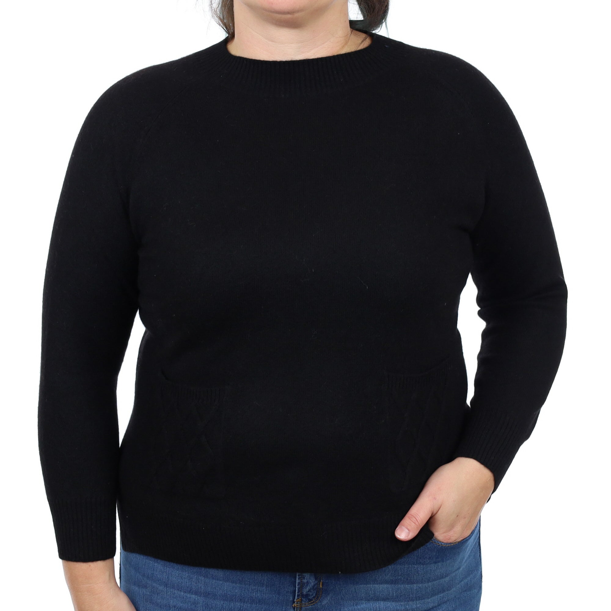 Black Cashmere Crew Neck Jumper with Pockets Large