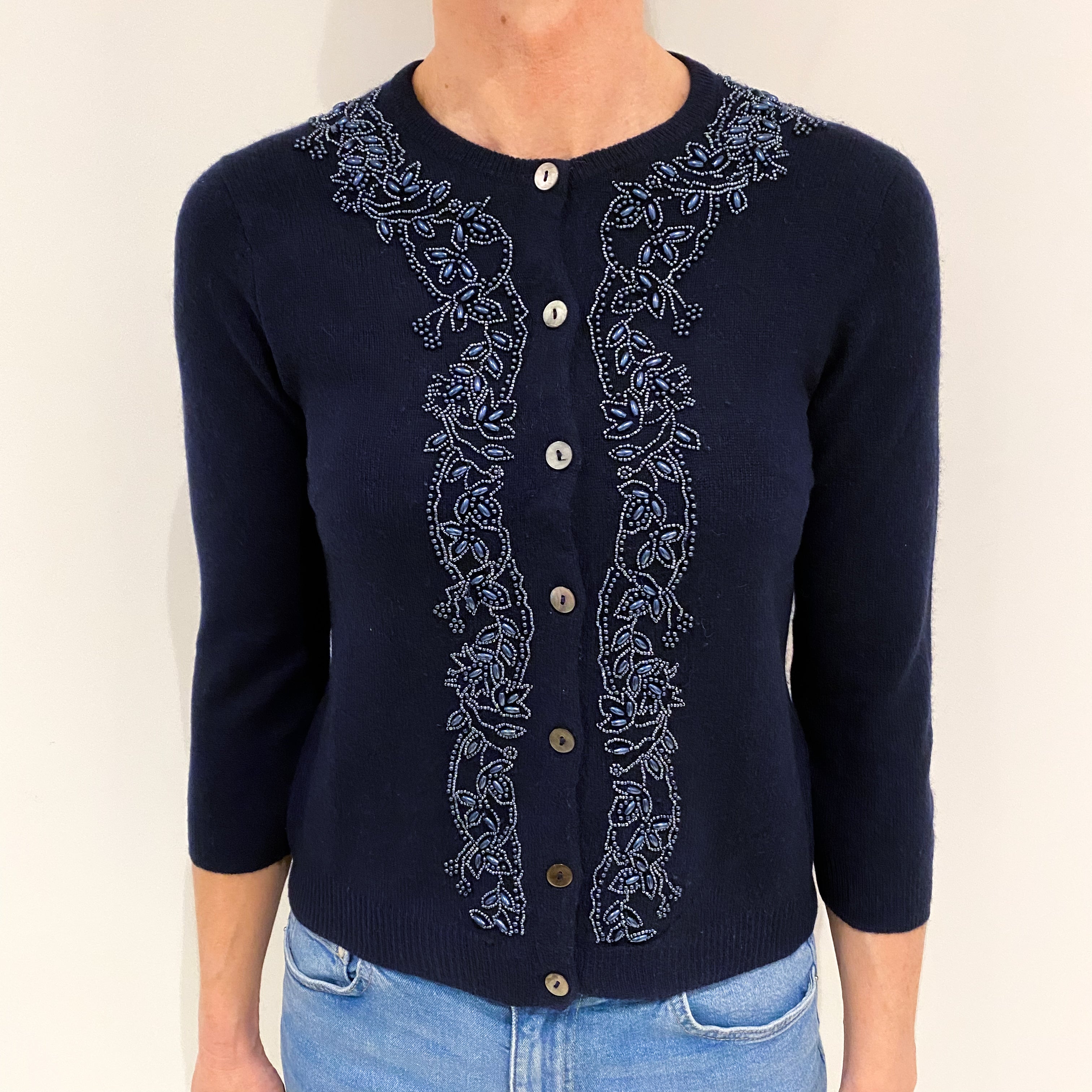 Navy Bead Embellished Cashmere Crew Neck Cardigan Small