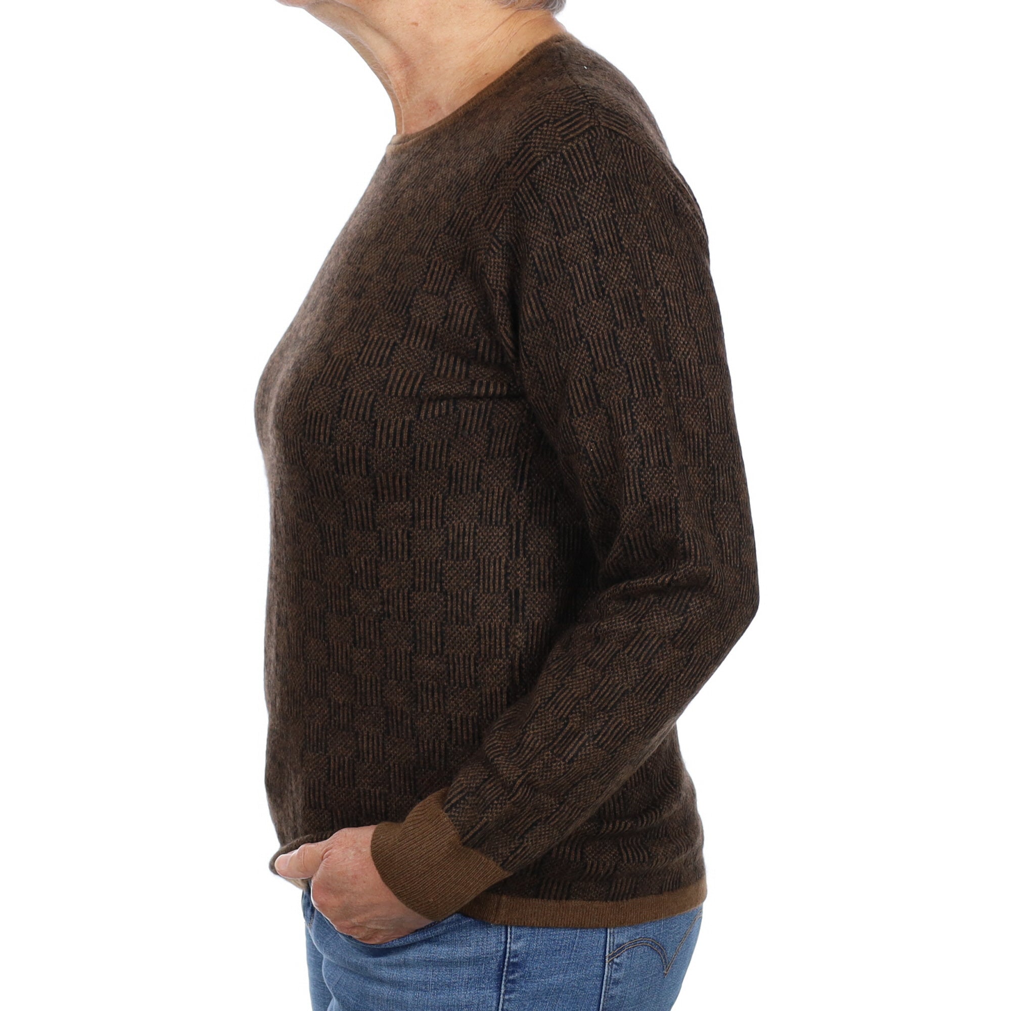 Brown Check Patterned Cashmere Crew Neck Jumper Medium