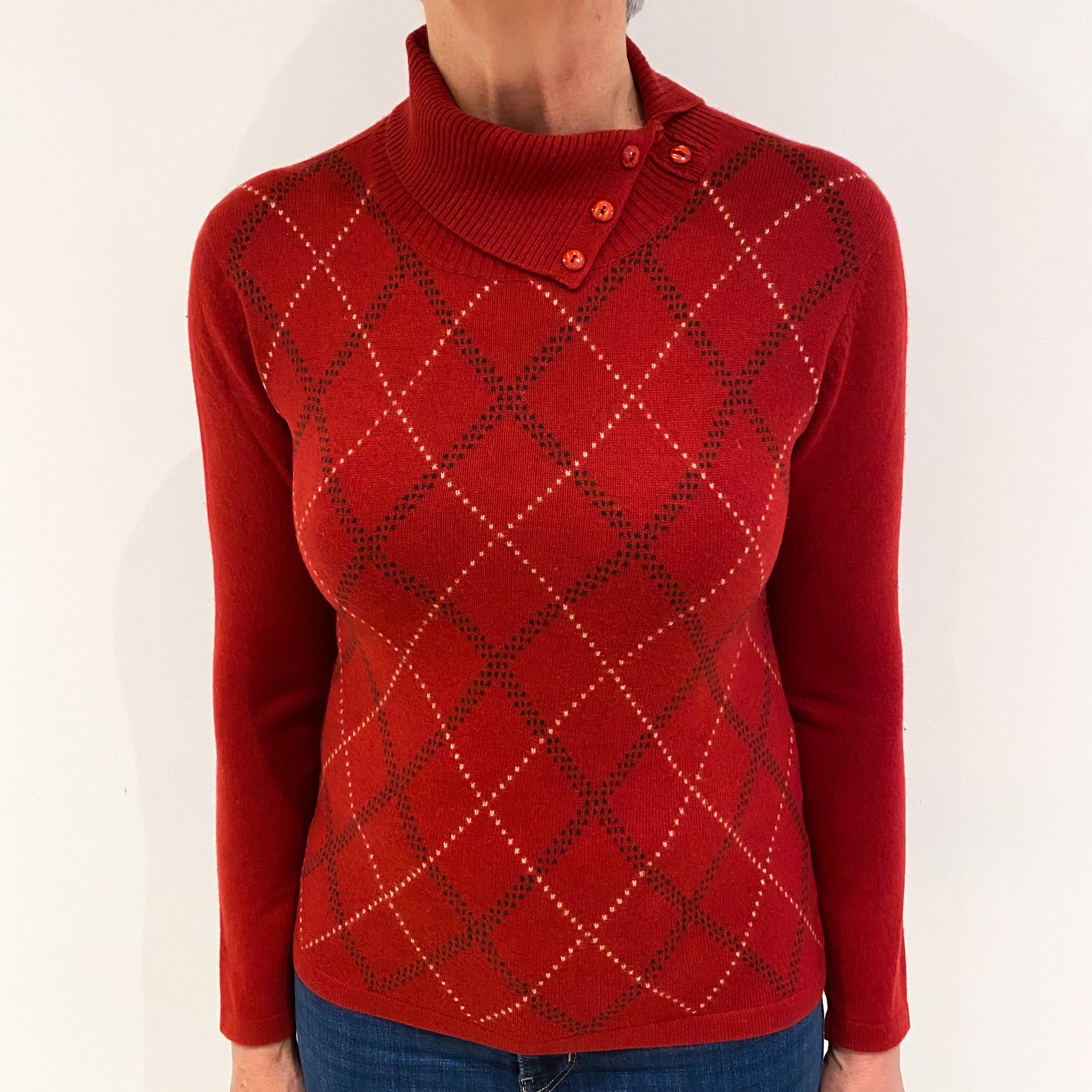 Paprika Red Cashmere Buttoned Polo Neck Jumper Medium