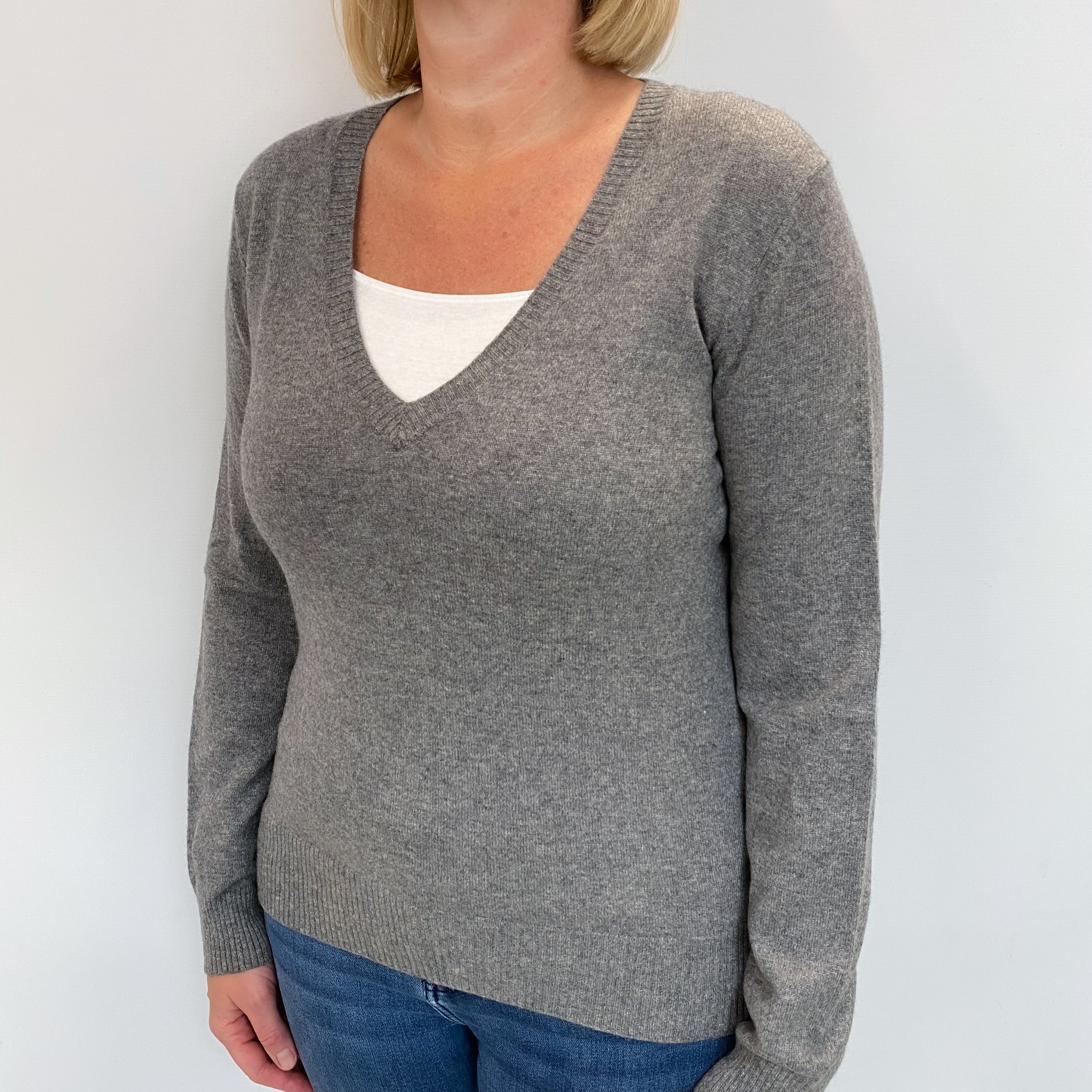 Slate Grey Cashmere V Neck Jumper Large