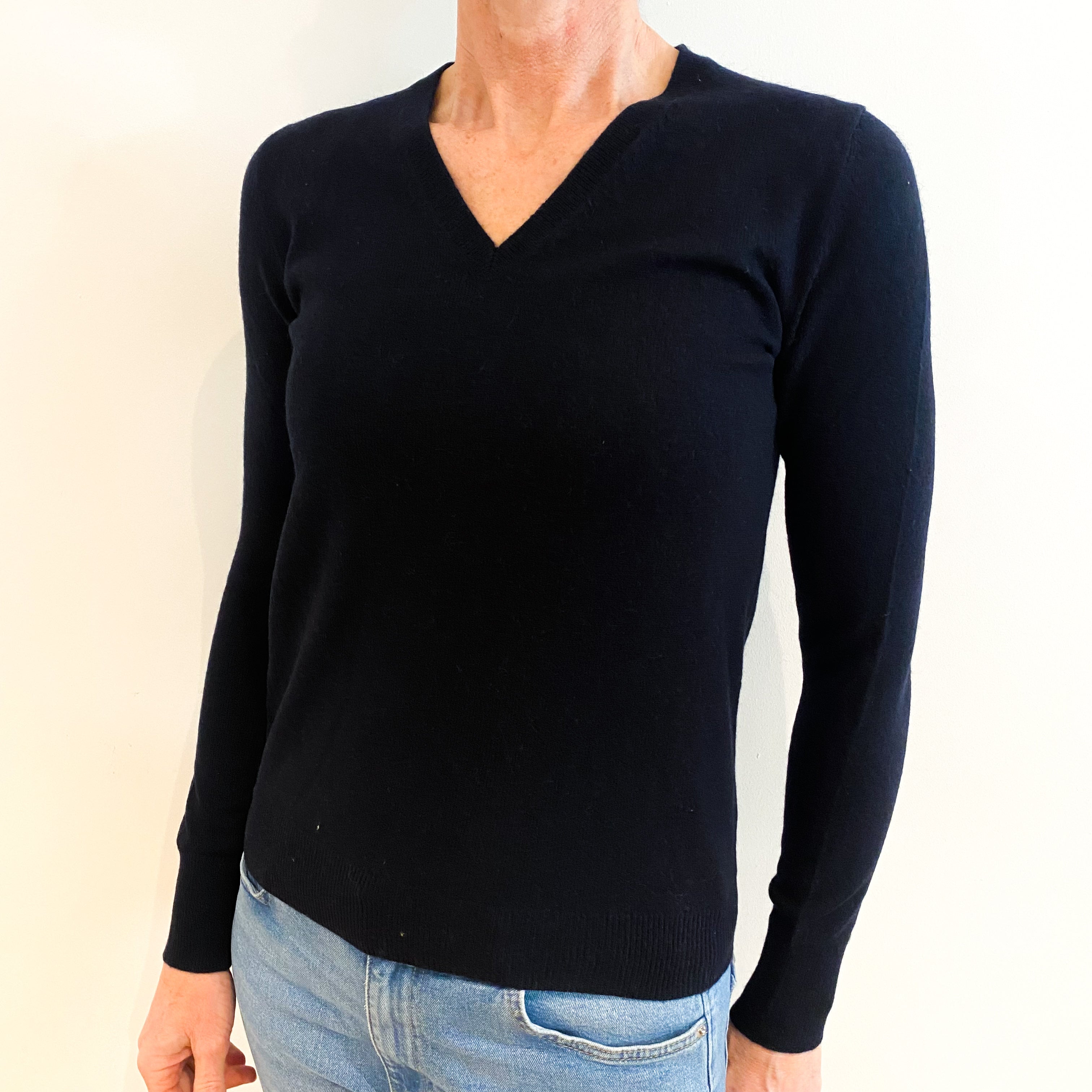 Navy Blue Cashmere V Neck Jumper Small