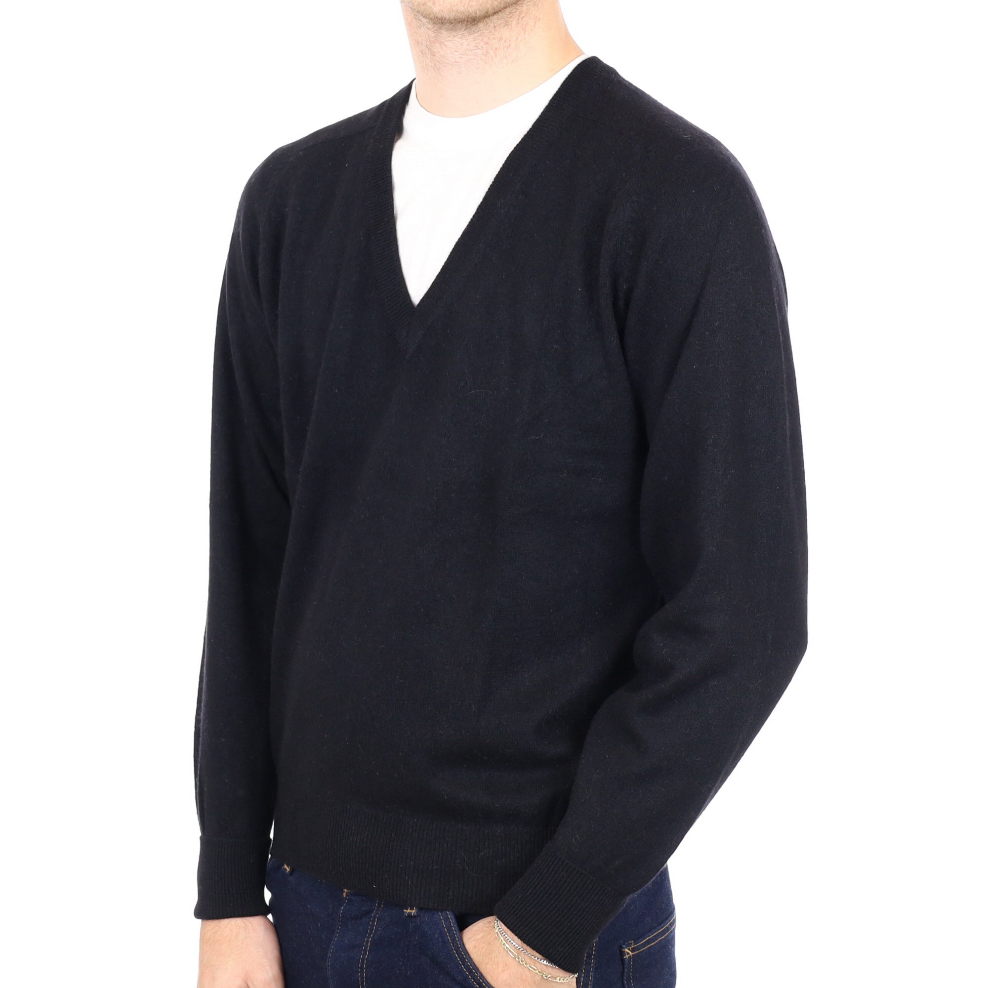 Men's Black Cashmere V Neck Jumper Medium