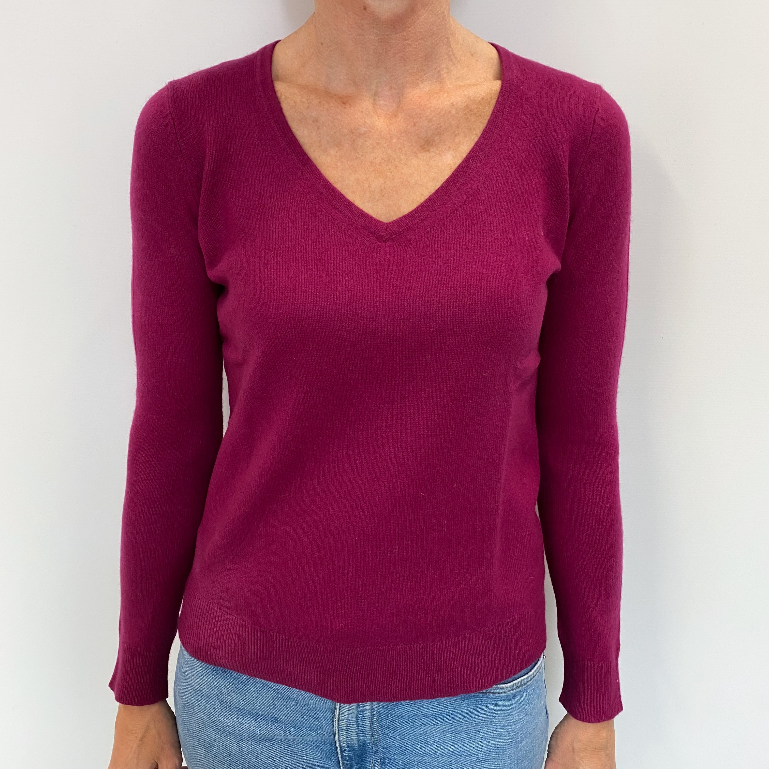 Deep Fuchsia Pink Cashmere V Neck Jumper Small