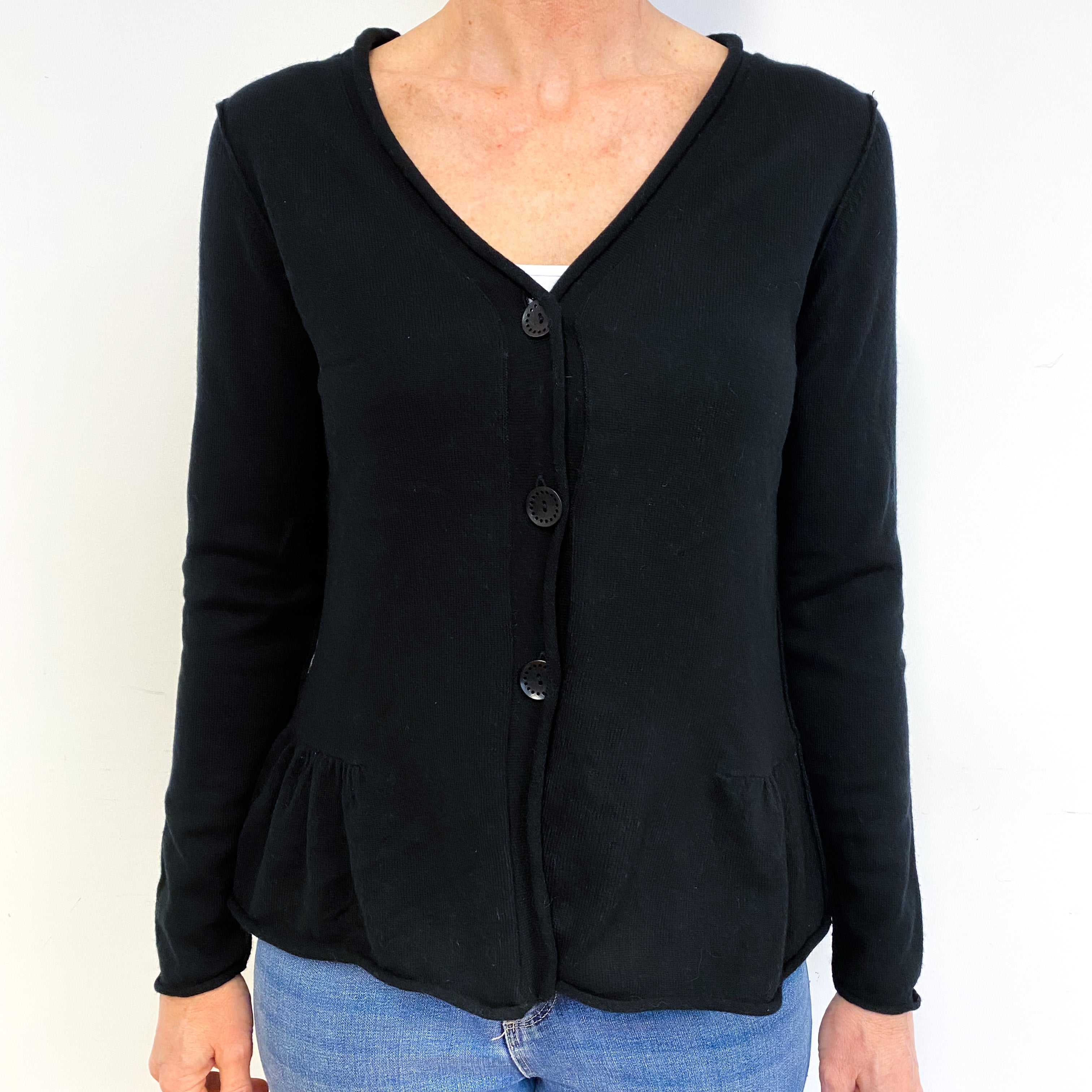 Black Ruffle Hem Cashmere V-Neck Cardigan Medium