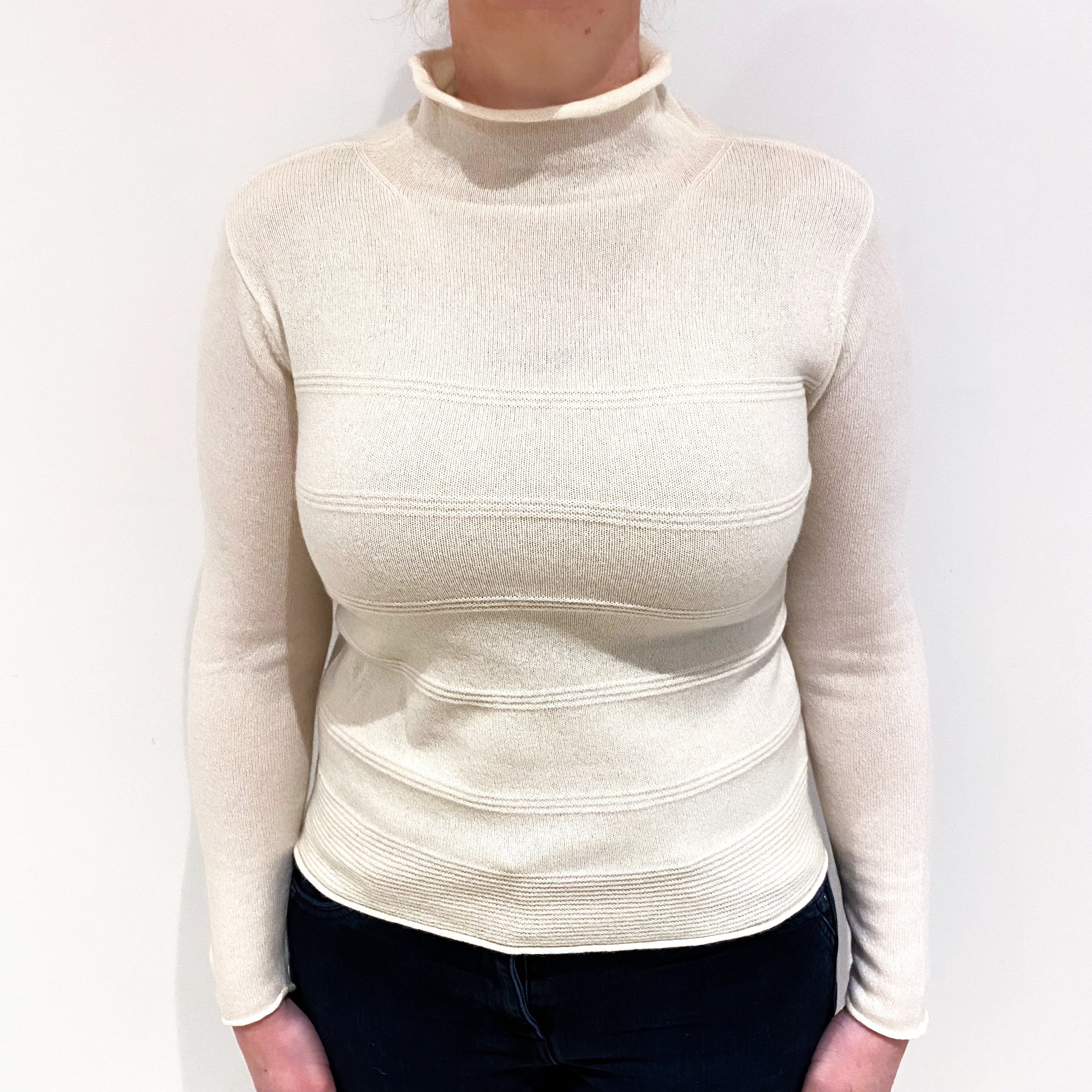Cream Rib Detail Cashmere Funnel Neck Jumper Large
