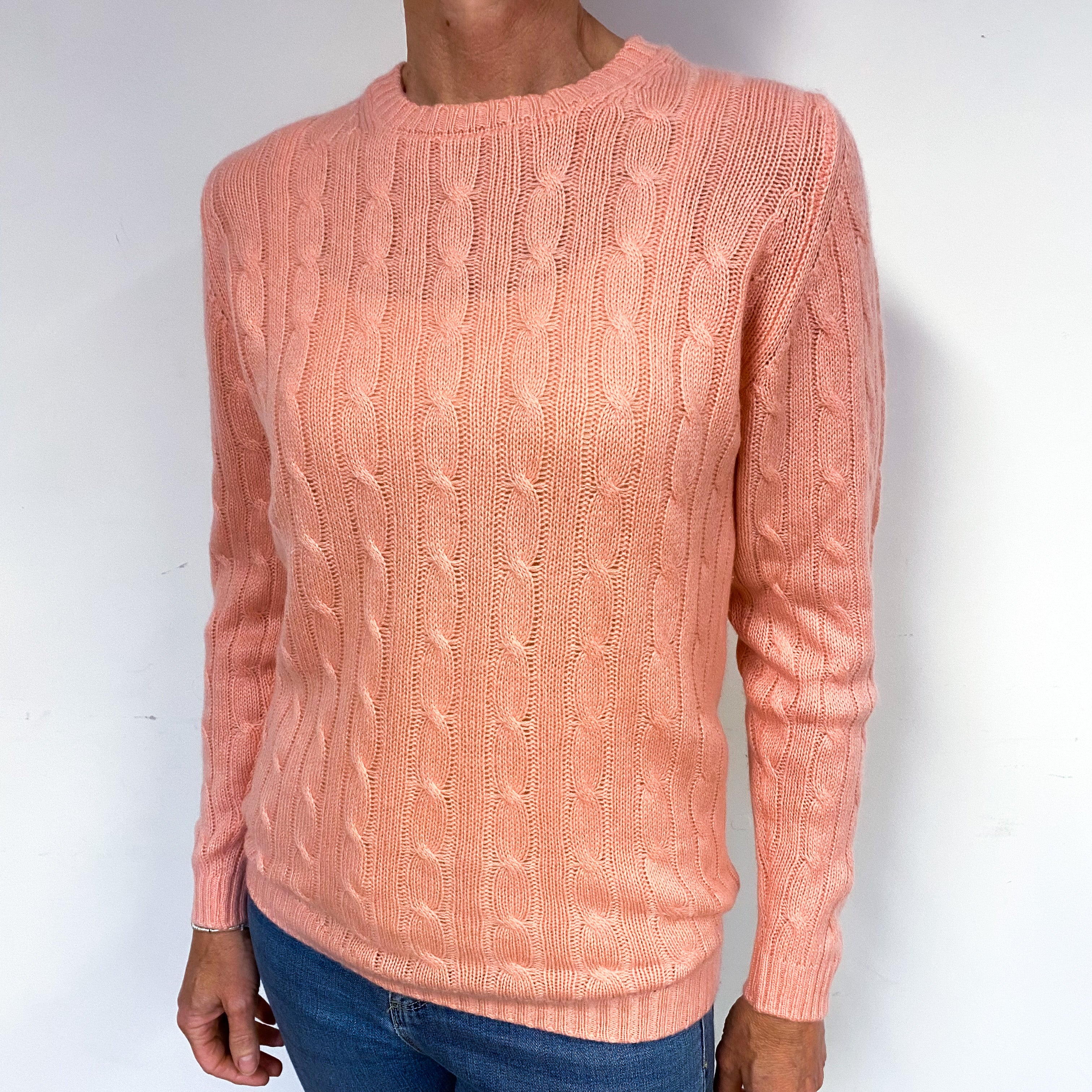 Flamingo Pink Cable Cashmere Crew Neck Jumper Medium