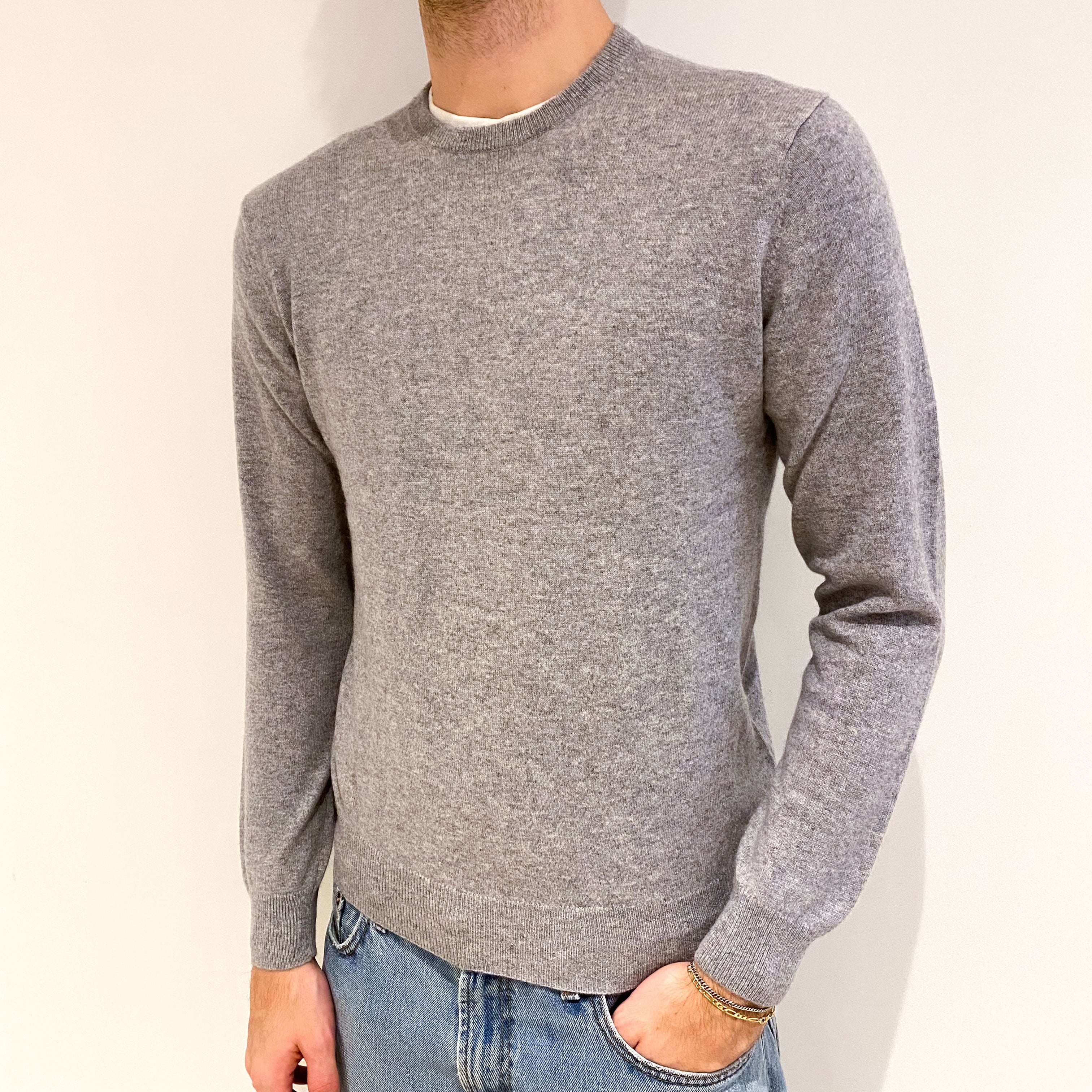 Men's Ash Grey Cashmere Crew Neck Jumper Medium