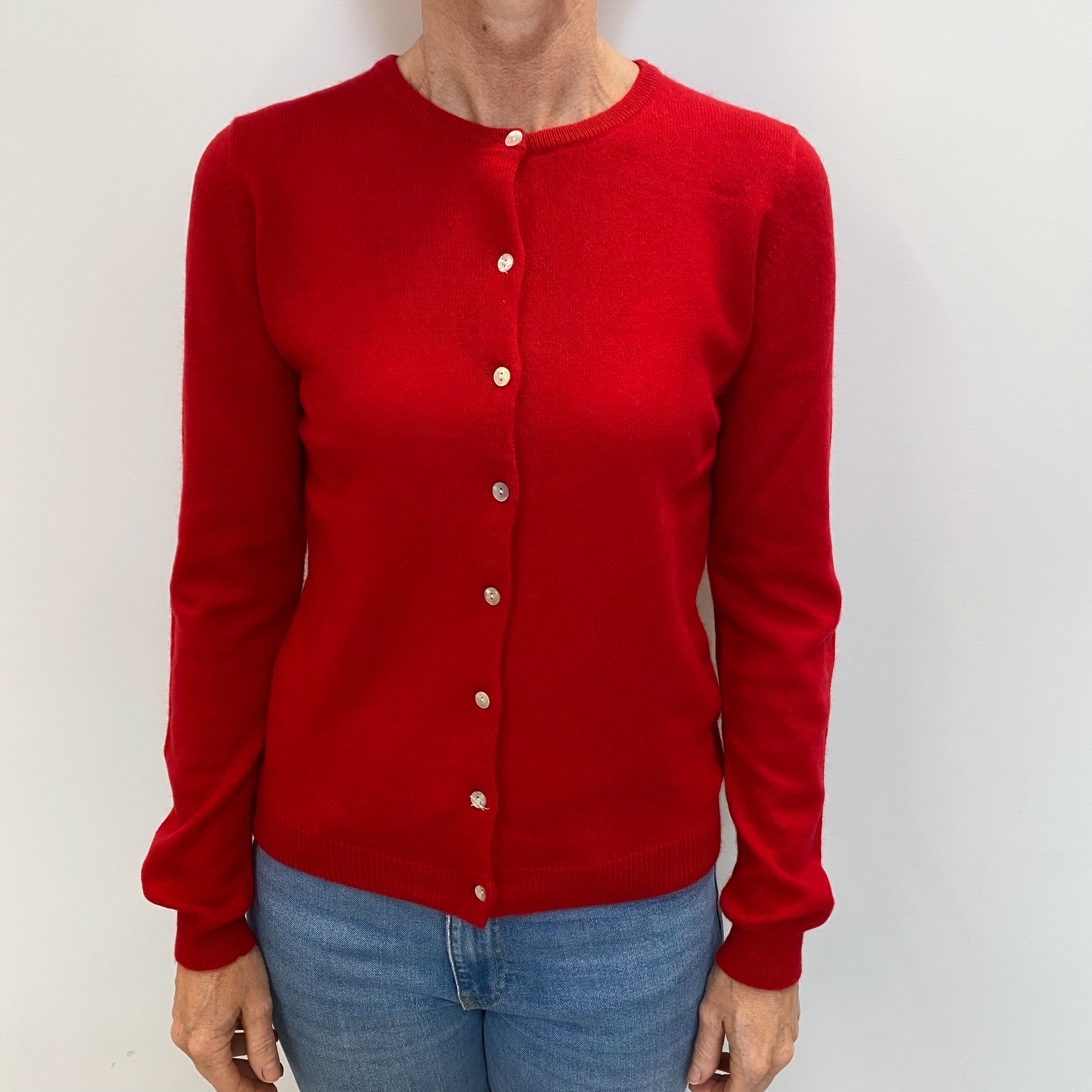Scarlet Red Cashmere Crew Neck Cardigan Small