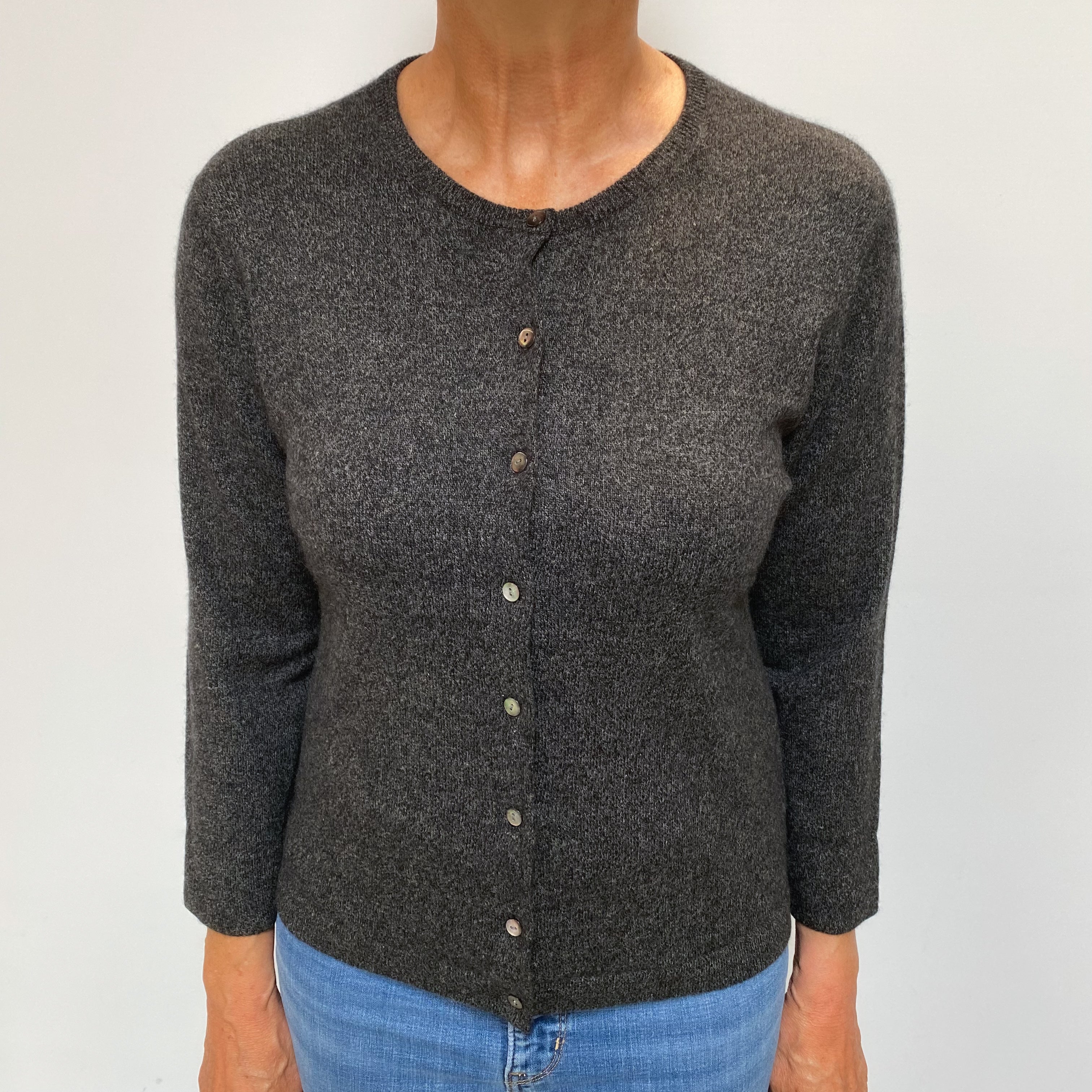 Charcoal Grey Cashmere Crew Neck Cardigan Medium