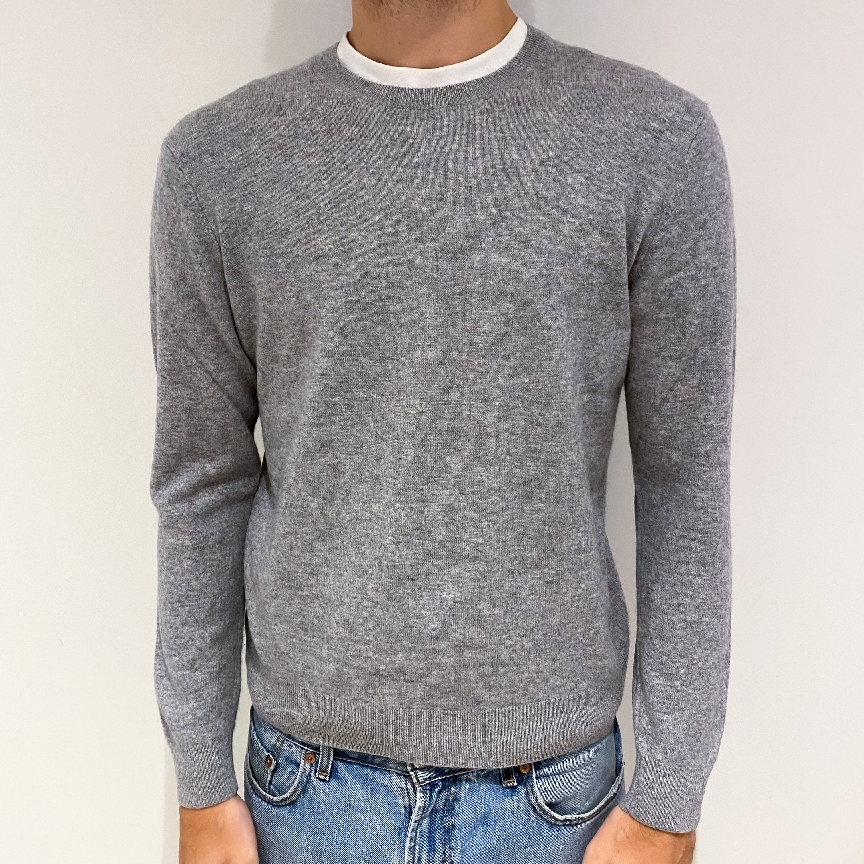 Men's Silver Grey Cashmere Crew Neck Jumper Large