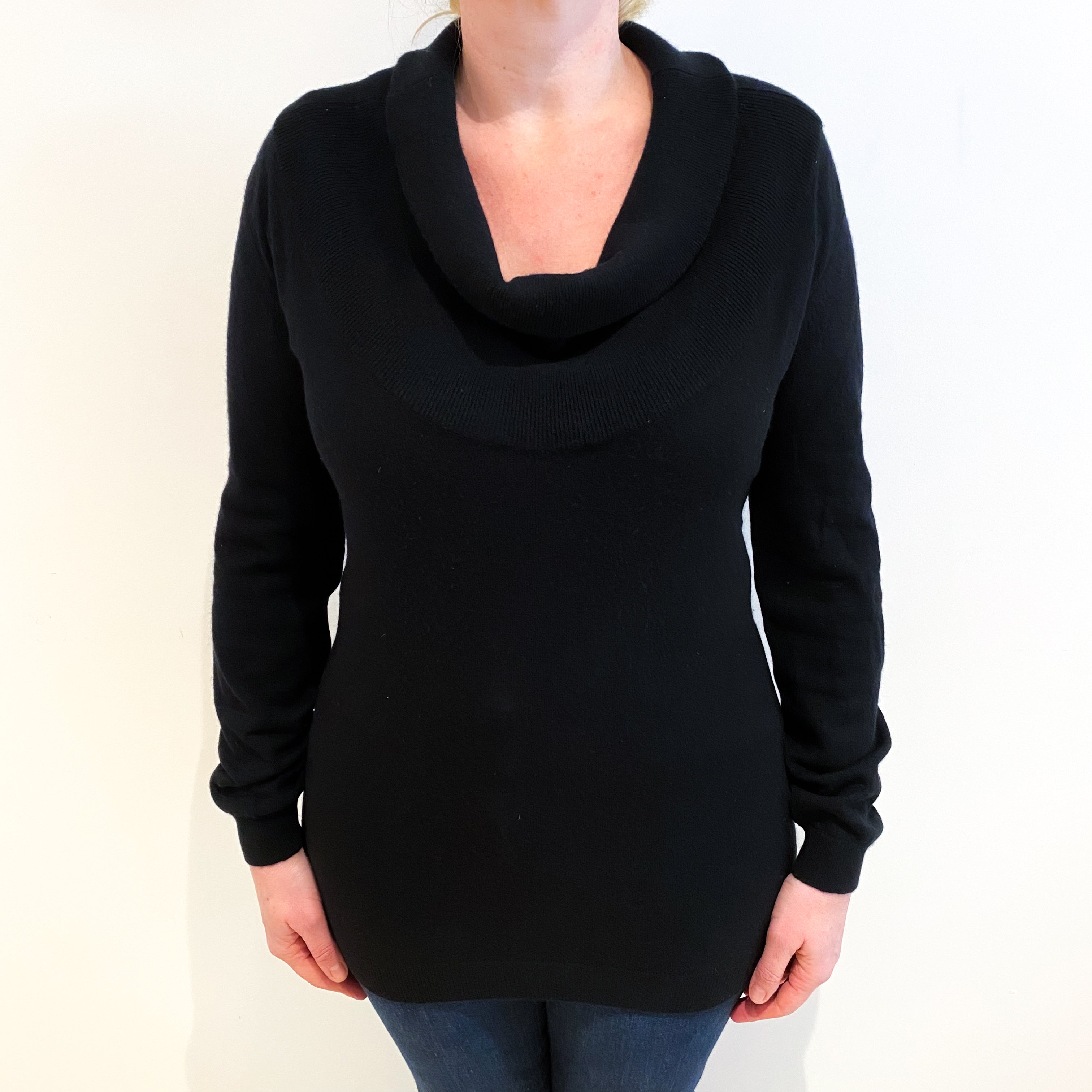 Black Cashmere Cowl Neck Long Line Jumper Large