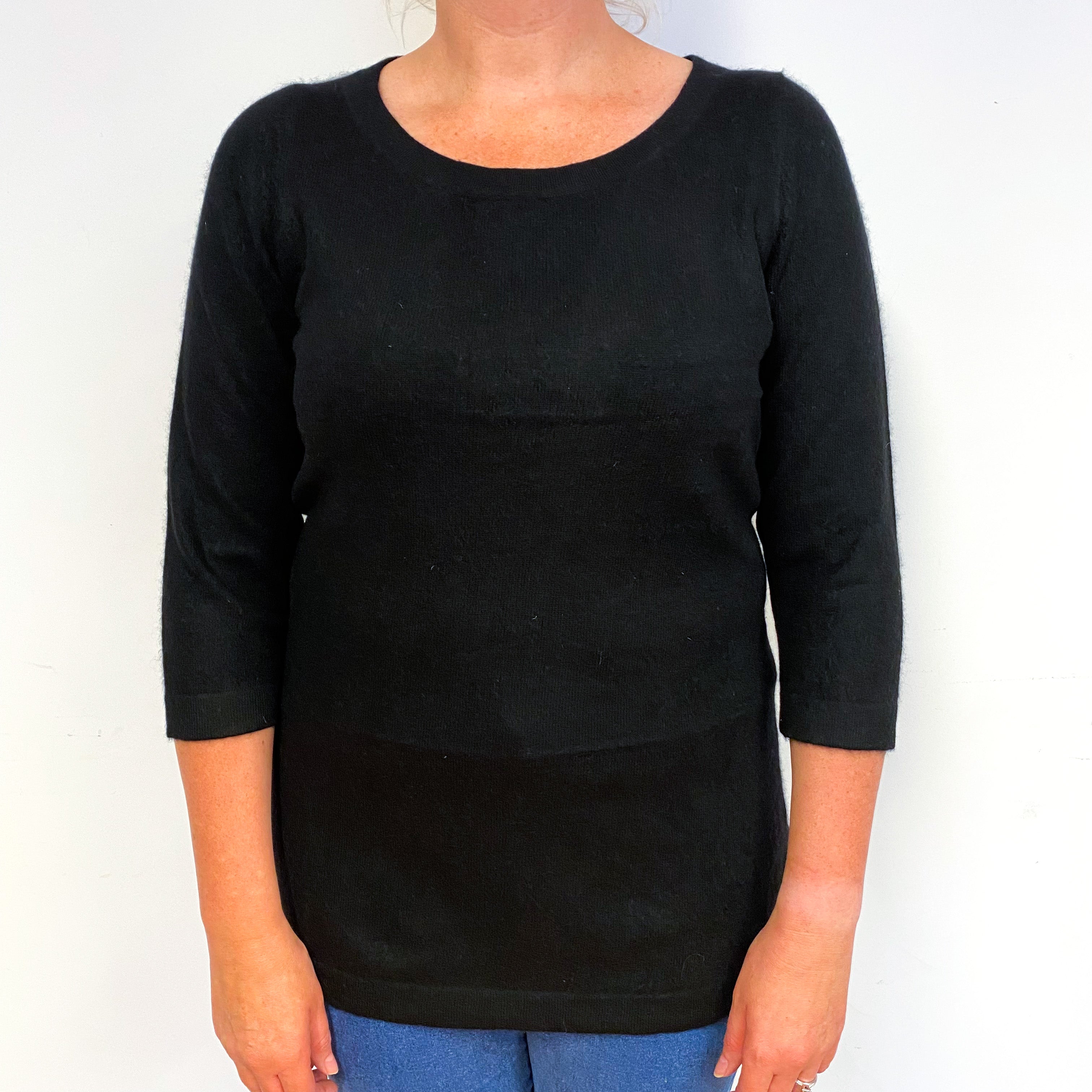 Black 3/4 Sleeve Cashmere Crew Neck Jumper Large
