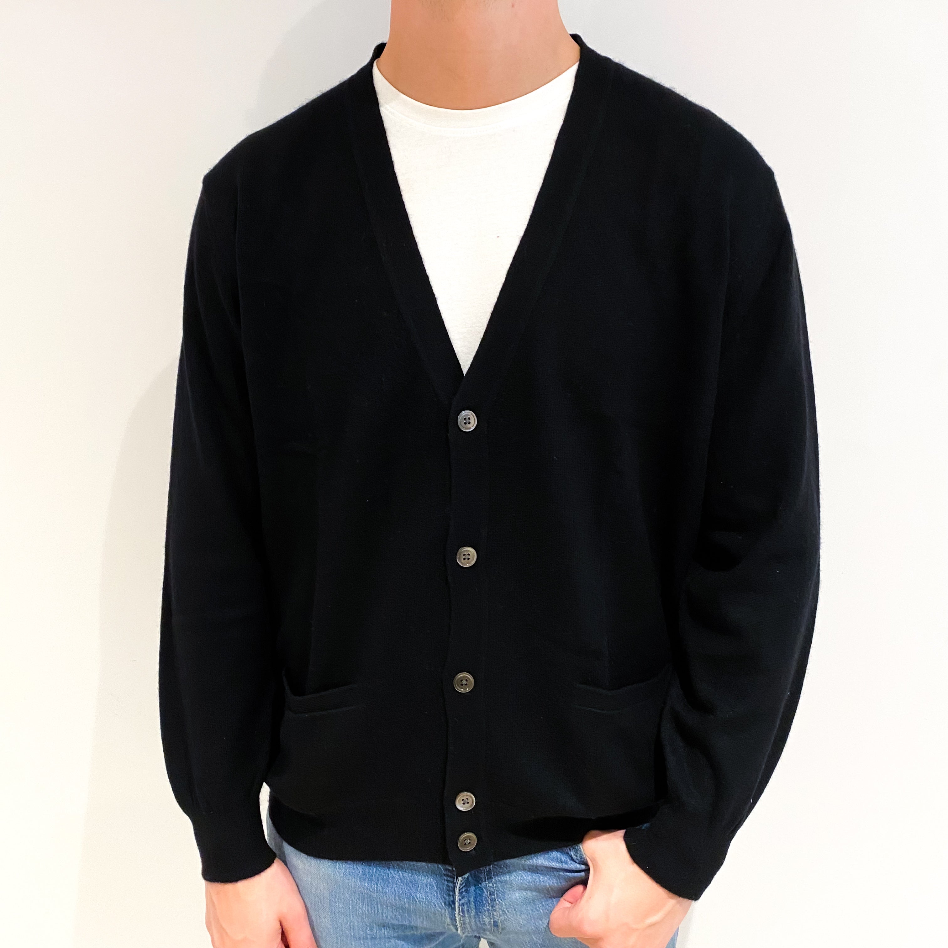 Men's Black Cashmere V Neck Cardigan Jumper XXL