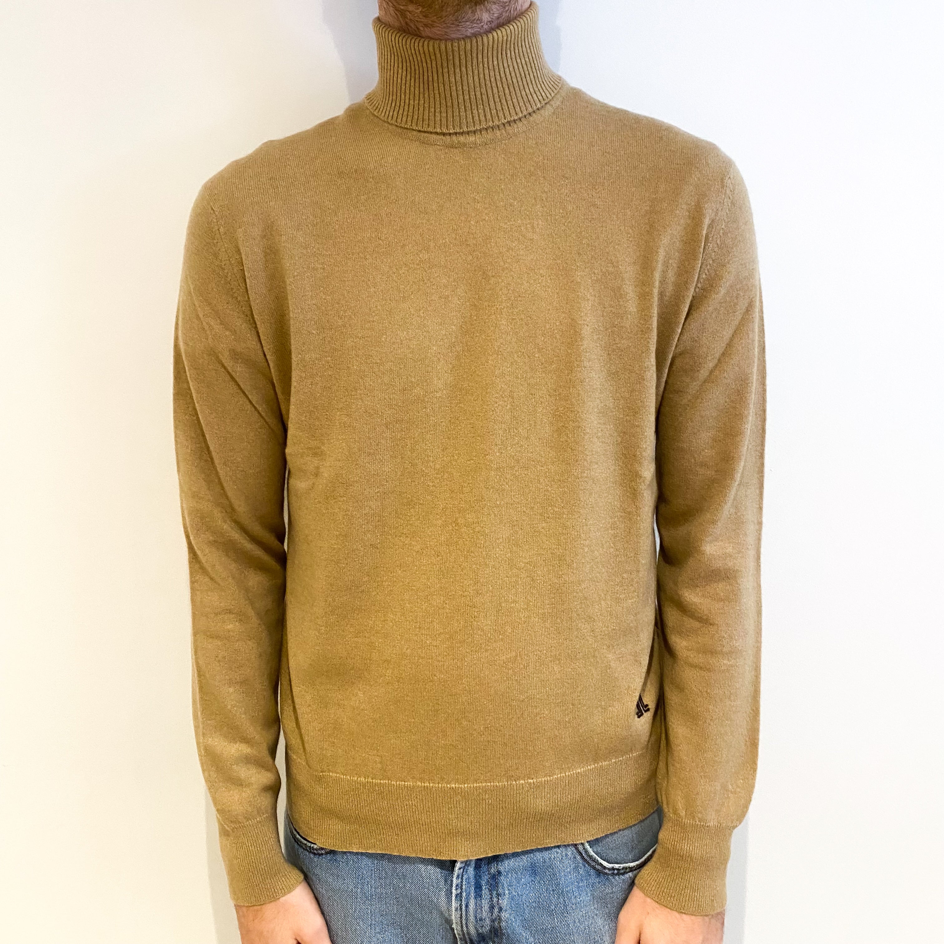Men's Caramel Brown Cashmere Polo Neck Jumper Large