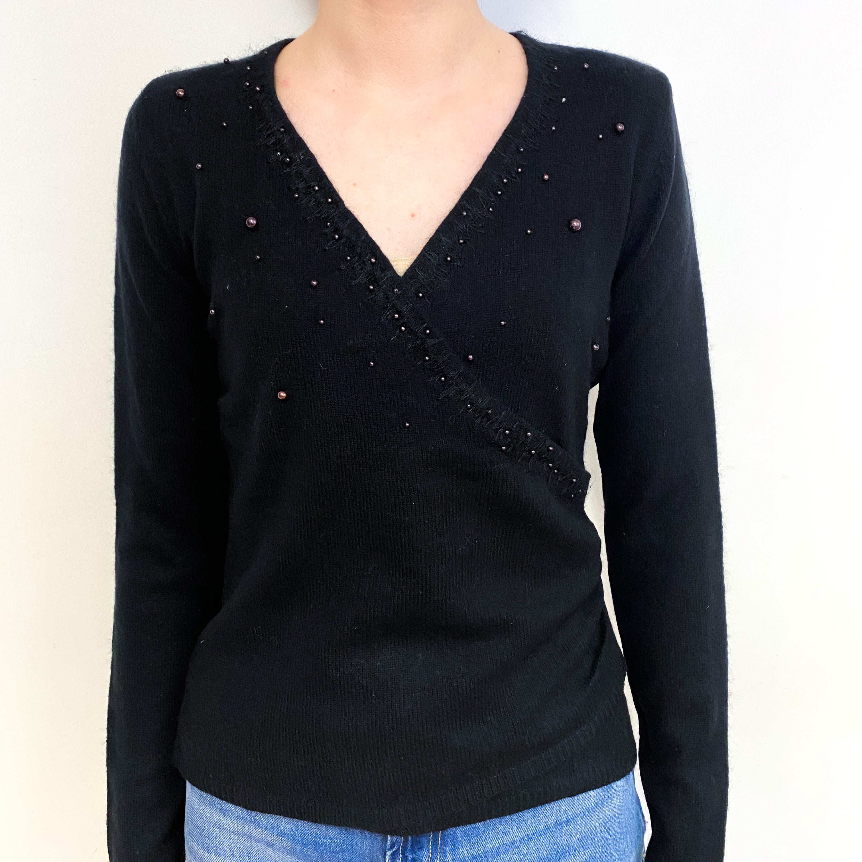 Black Embellished Cashmere V-Neck Jumper Extra Small