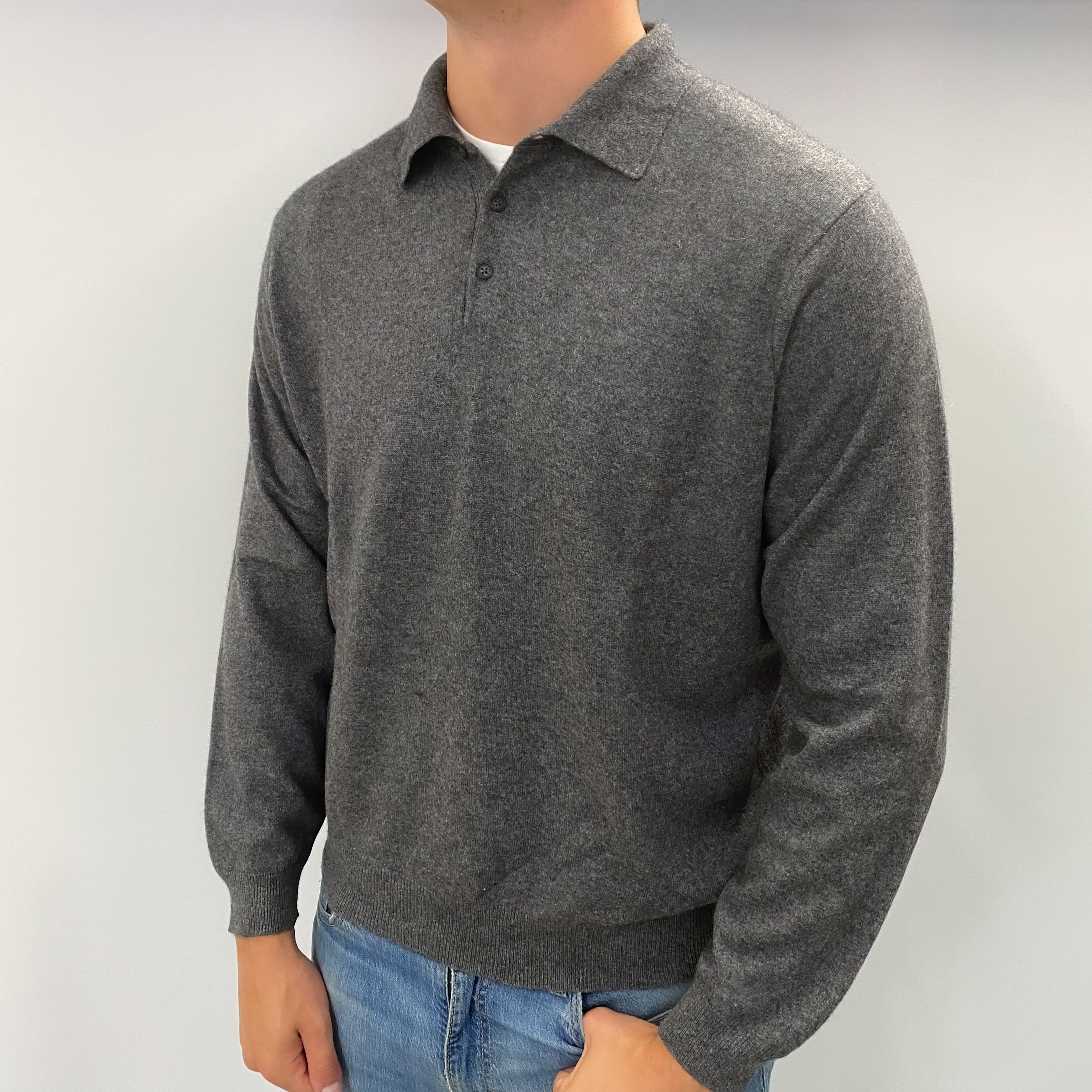 Men's Slate Grey Cashmere Collared 1/4 Button Up V Neck Jumper XL