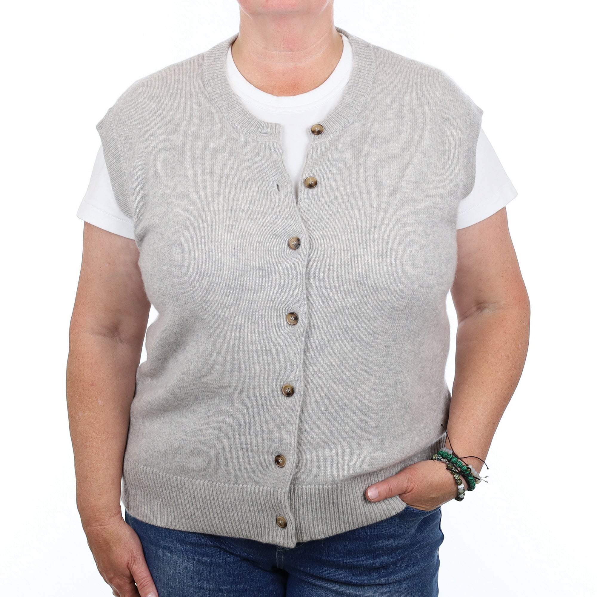 Brand New Mist Grey Luxury Cashmere Crew Neck Waistcoat Extra Large UK 20-22