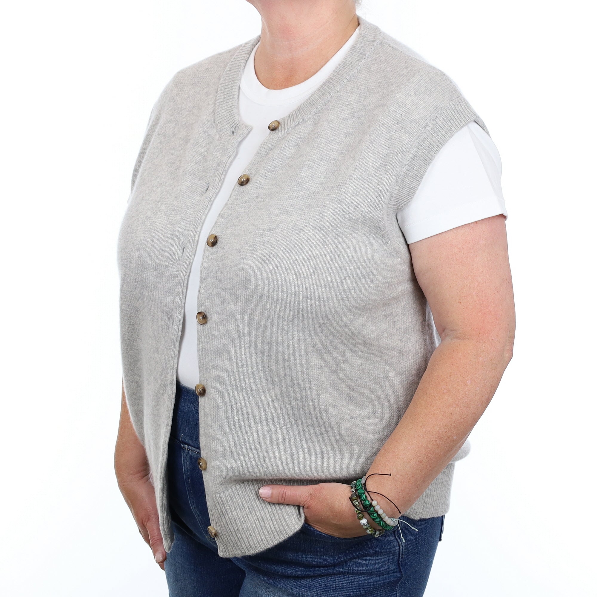 Brand New Mist Grey Luxury Cashmere Crew Neck Waistcoat Extra Large UK 20-22