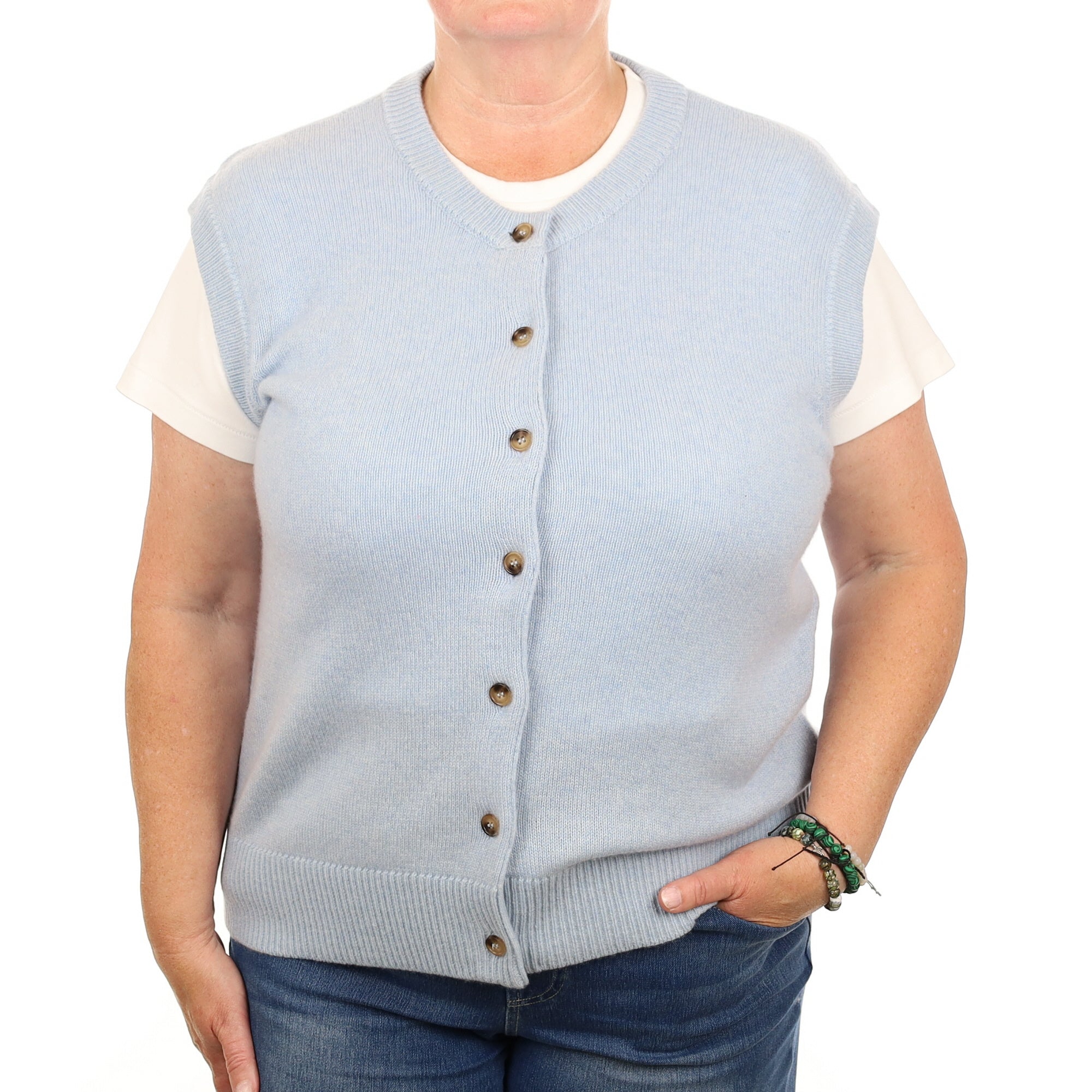 Brand New Baby Blue Cashmere Crew Neck Waistcoat Extra Large UK 20-22