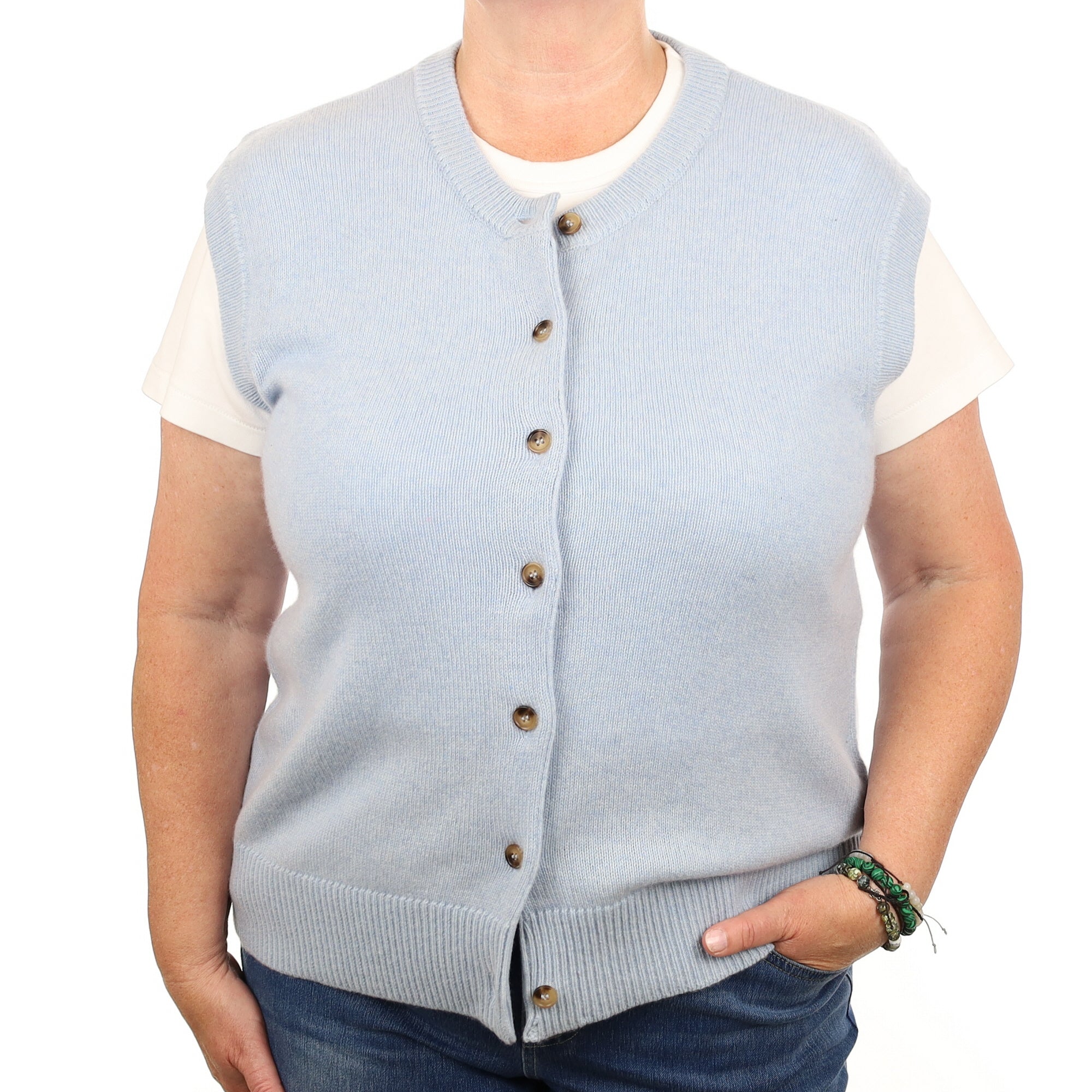 Brand New Baby Blue Cashmere Crew Neck Waistcoat Extra Large UK 20-22