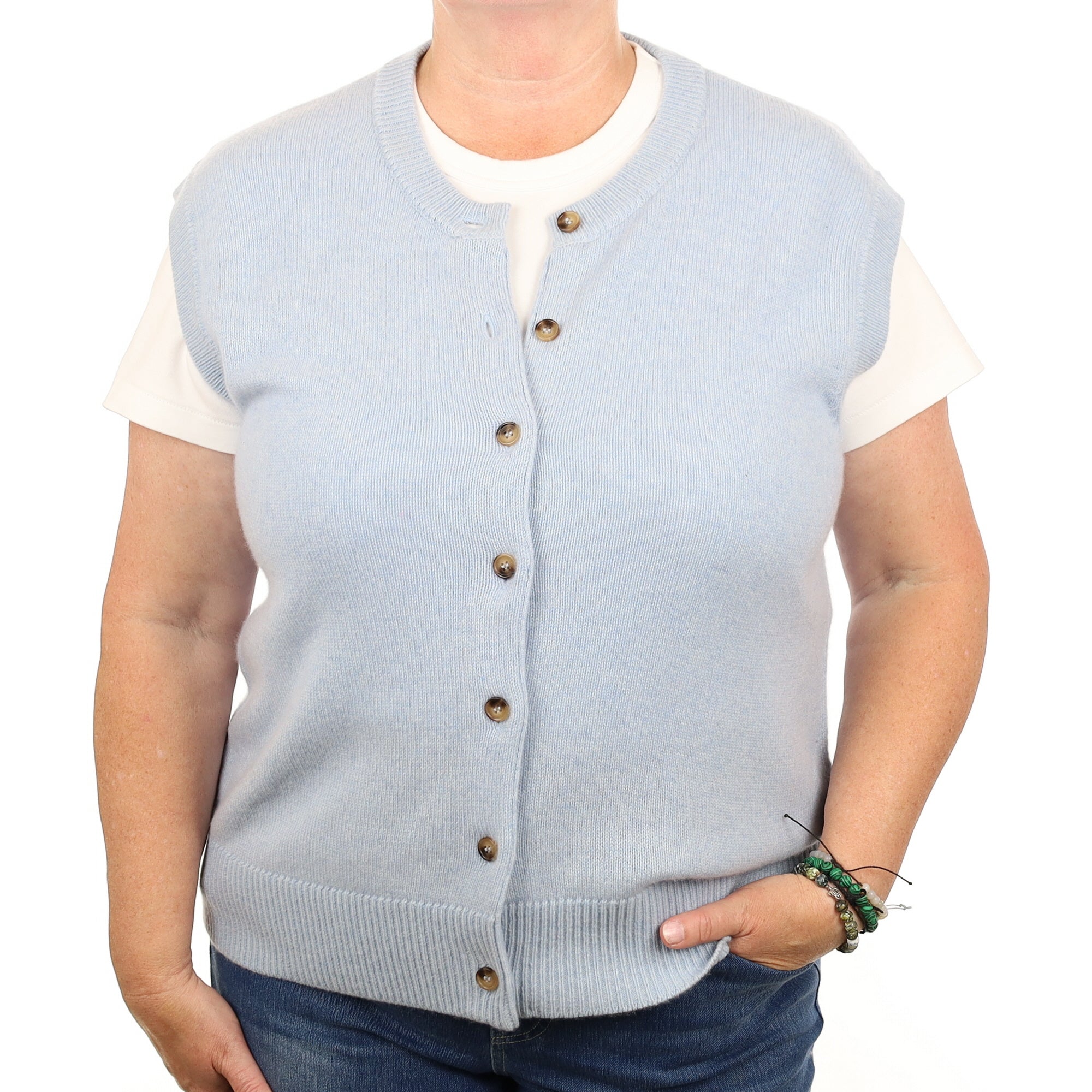 Brand New Baby Blue Cashmere Crew Neck Waistcoat Extra Large UK 20-22