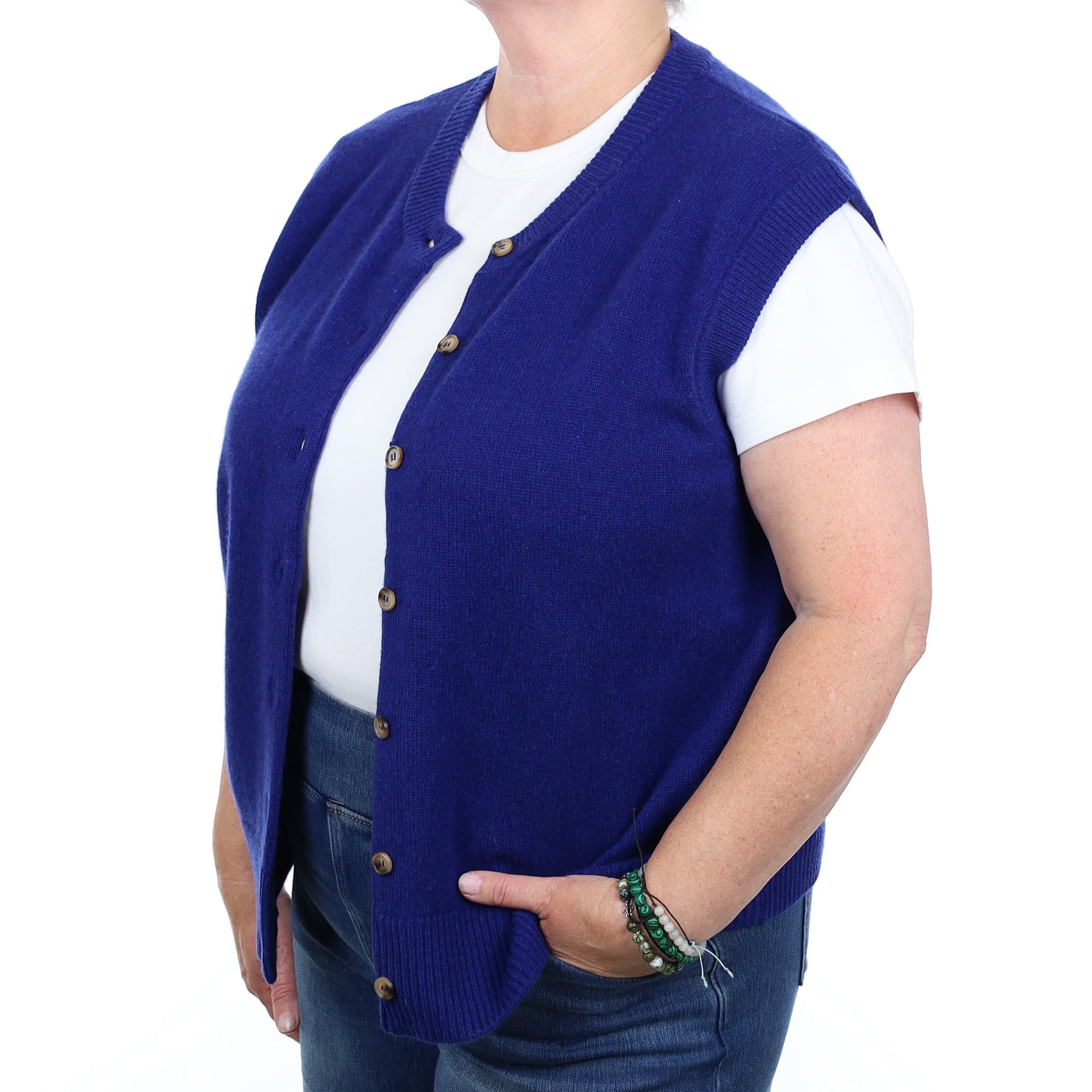 Brand New Lapis Blue Cashmere Crew Neck Waistcoat Extra Large UK 20-22
