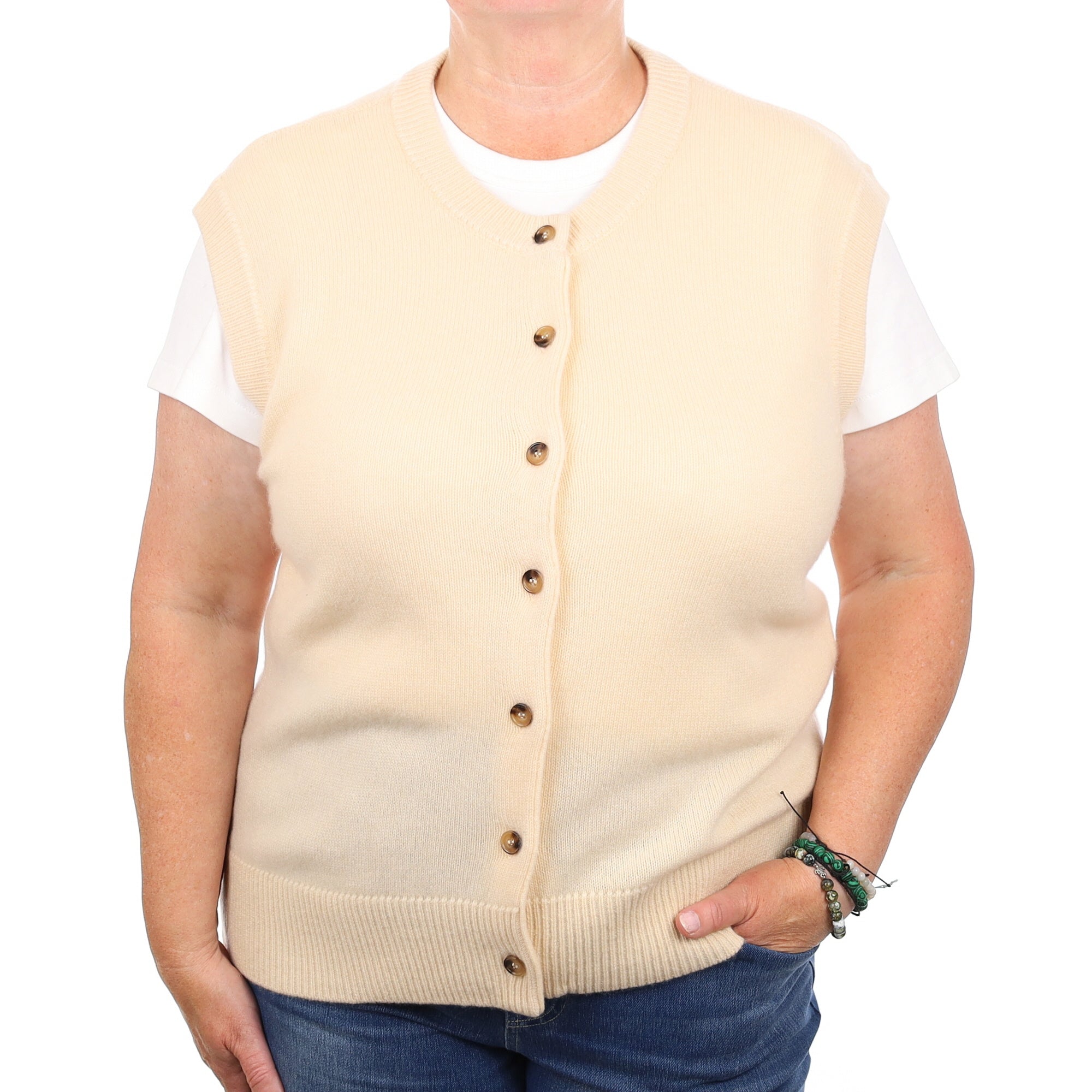 Brand New Vanilla Cream Cashmere Crew Neck Waistcoat Extra Large UK 20-22