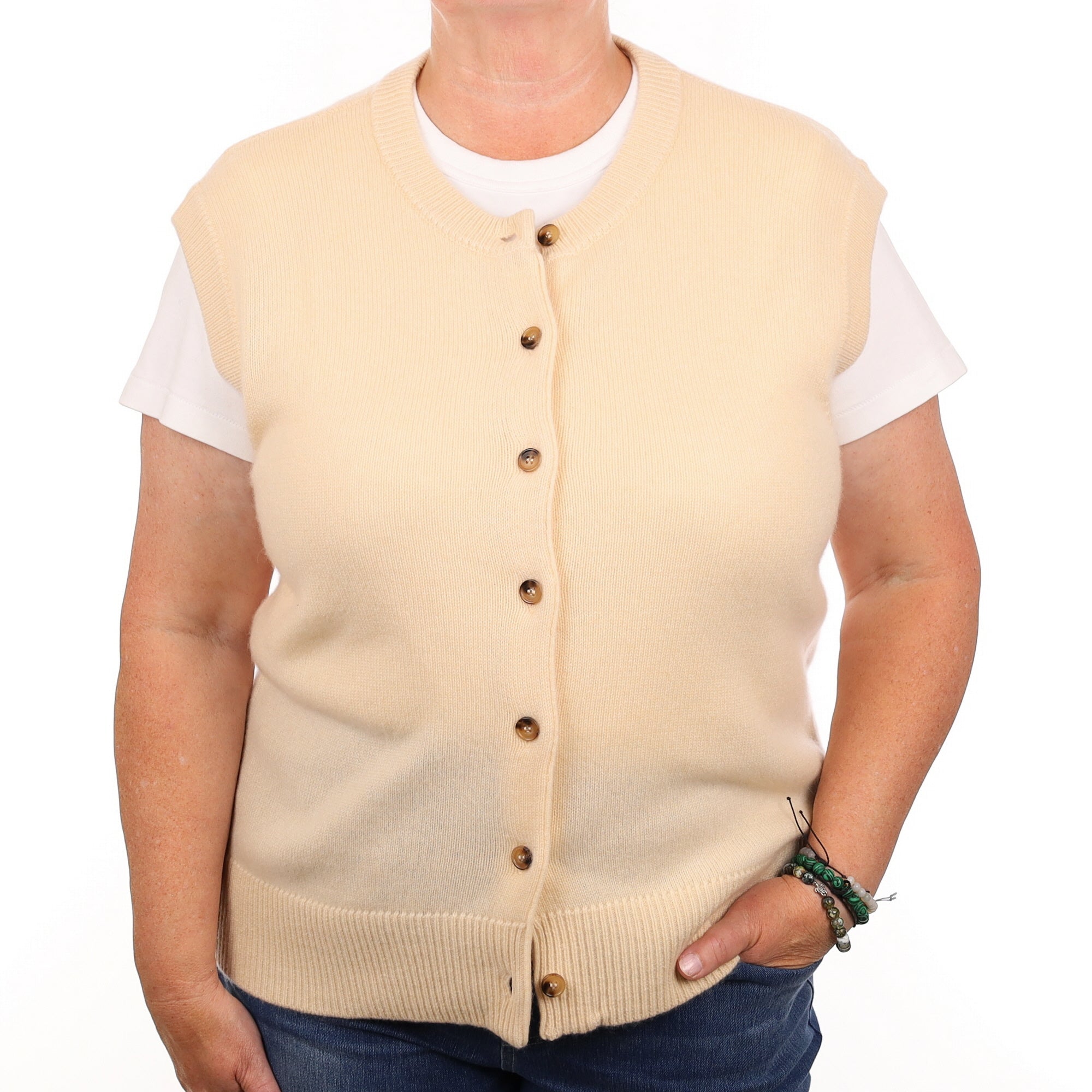 Brand New Vanilla Cream Cashmere Crew Neck Waistcoat Extra Large UK 20-22
